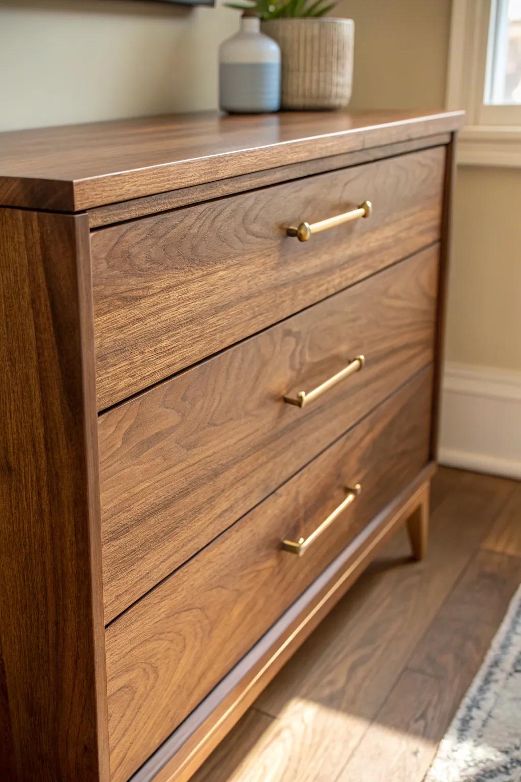 Simple brass pulls instantly modernize a walnut drawer—clean lines, warm wood, pure MCM.
