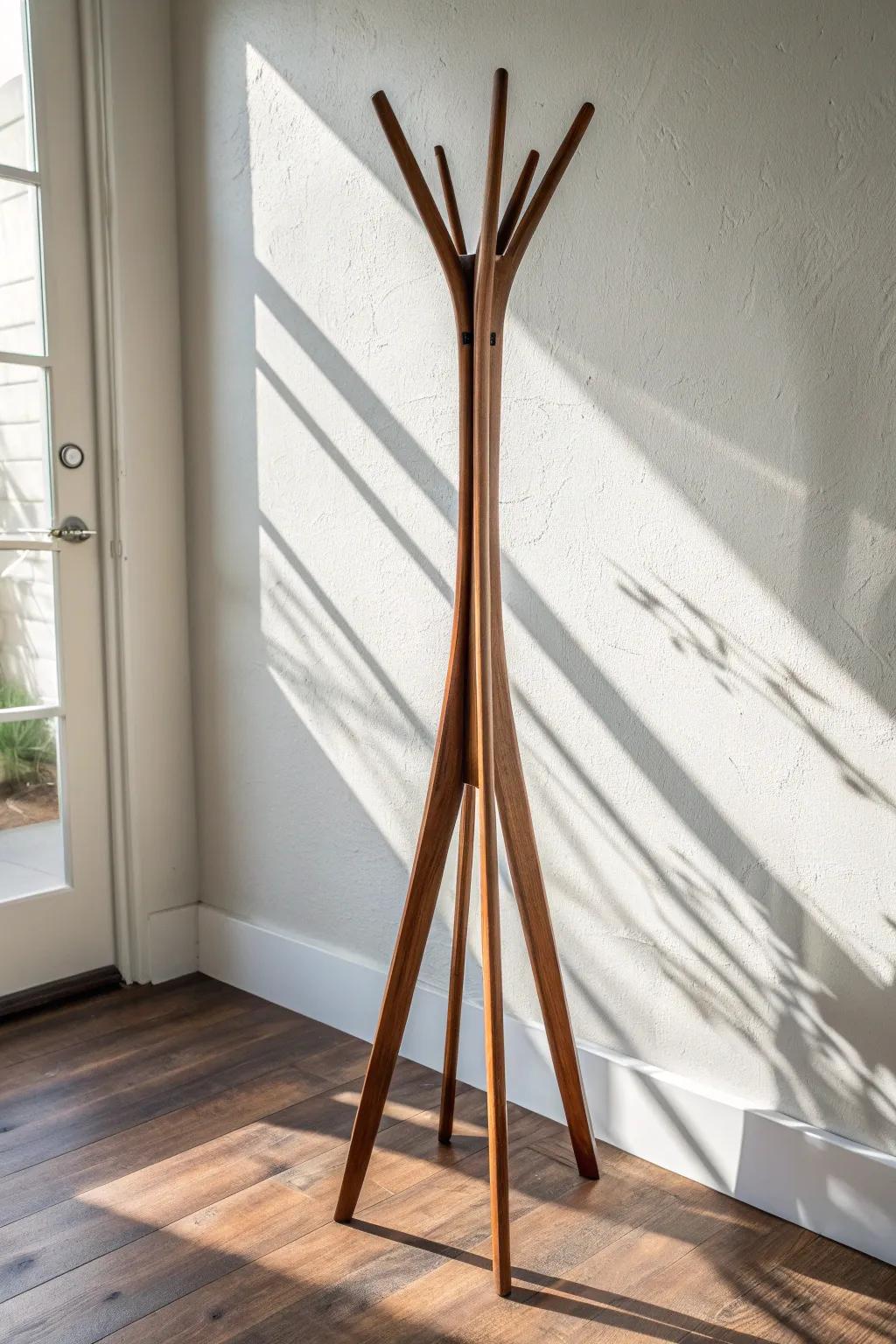 Warm walnut splayed-leg coat rack—mid-century function meets sculptural entryway style.