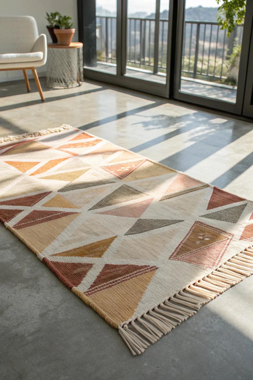 Polished concrete + a soft geometric rug: the easiest MCM contrast that still feels cozy.