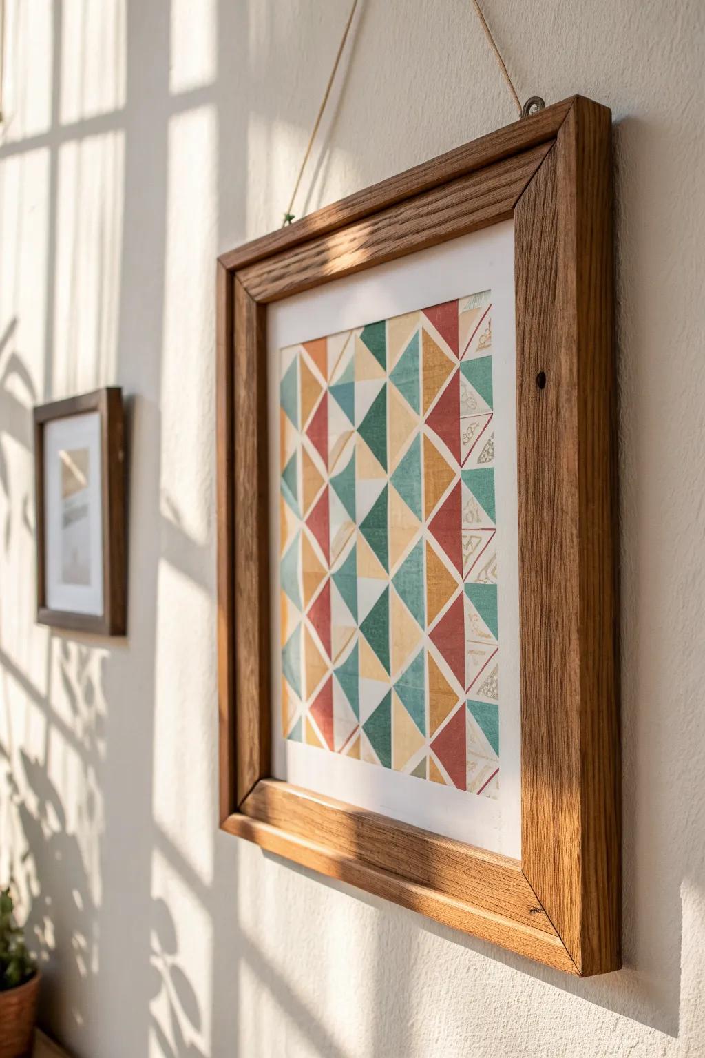 Thrifted wooden frame + retro pattern paper: an easy, chic mid‑century wall moment.