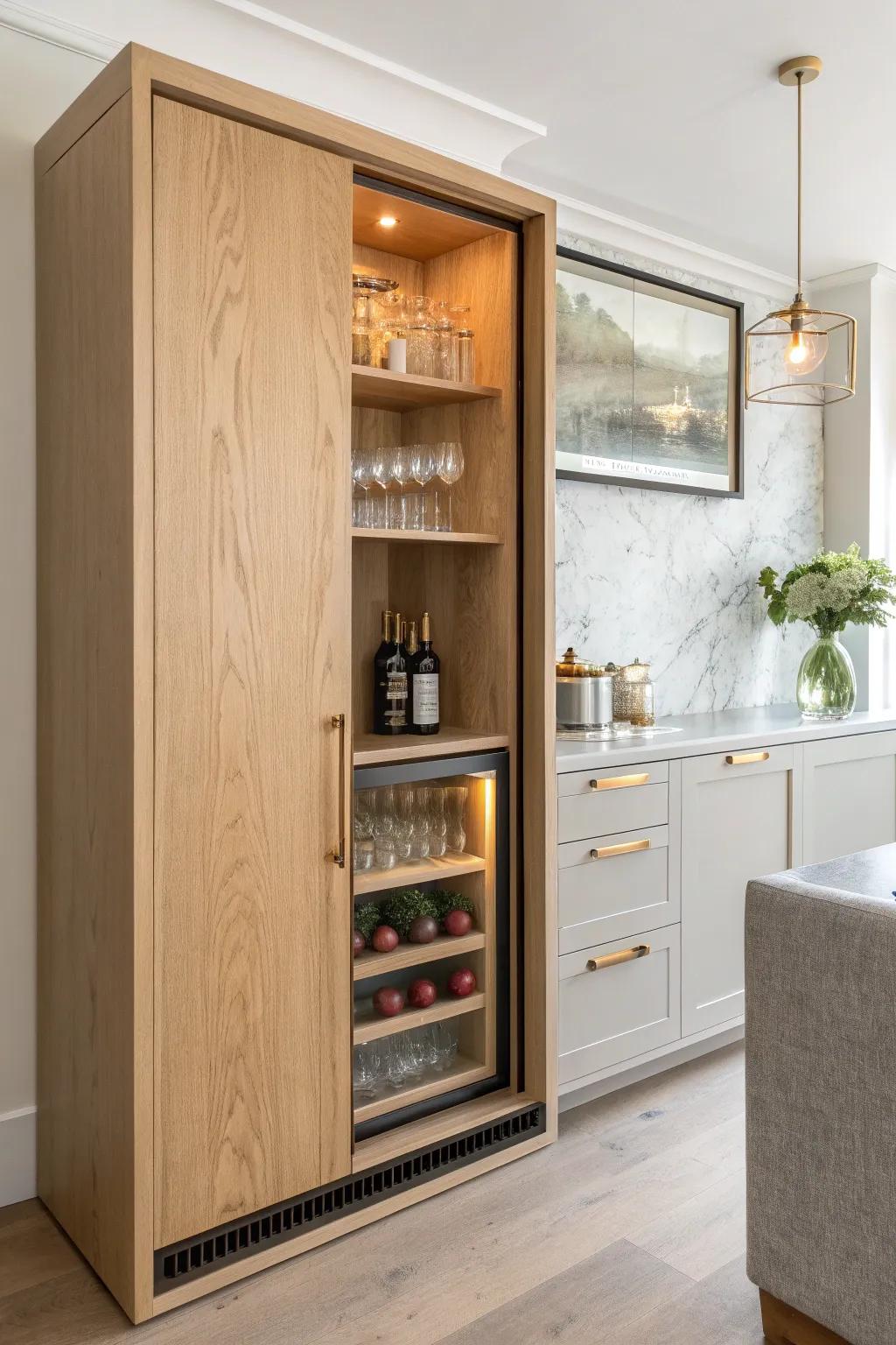 Unused closet, meet your mini bar cabinet—pocket doors, warm oak, and a hidden lounge glow.