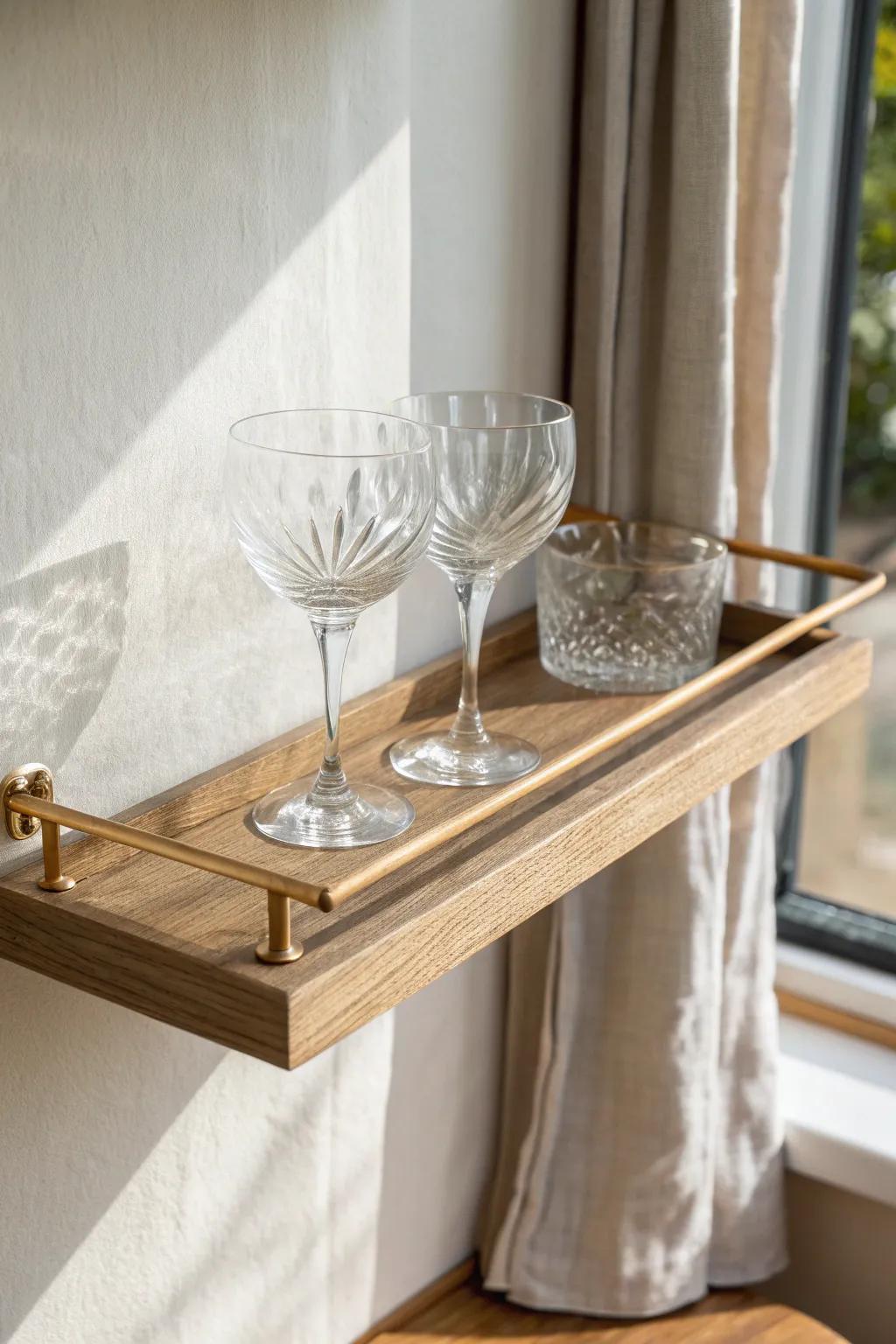 A sleek oak hanging glass rack shelf for instant mini‑bar polish—without taking extra space.