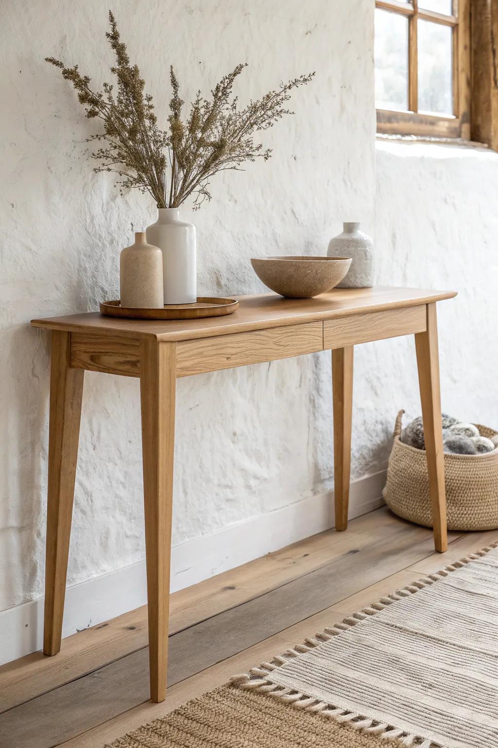 Monochrome neutrals let light oak grain steal the spotlight—cozy, modern, and handmade.