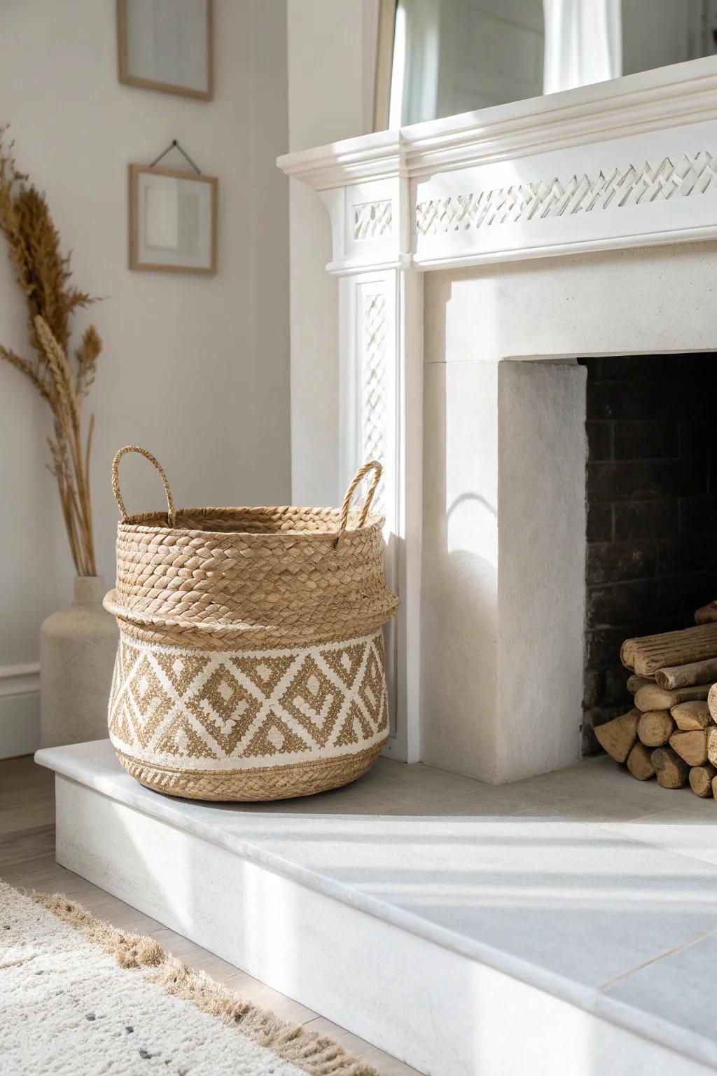 Keep the mantel airy—add warmth with one beautiful woven basket on the hearth.
