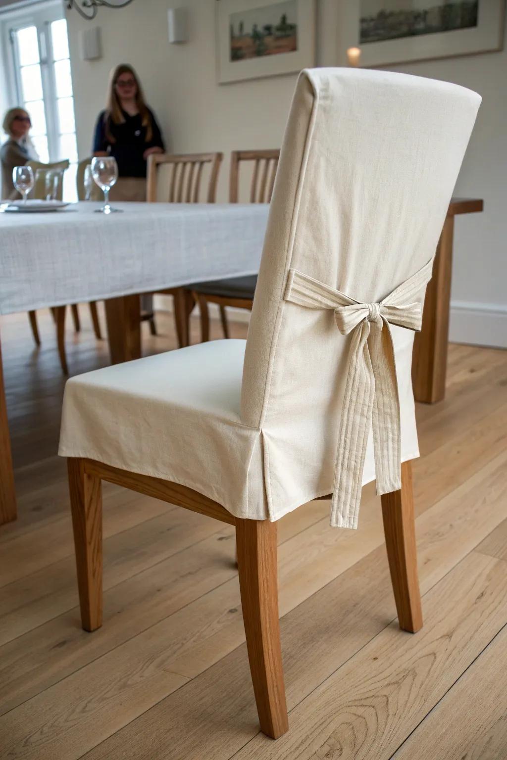 Matching linen slipcovers turn a mismatched chair mix into a calm, cohesive dining set.