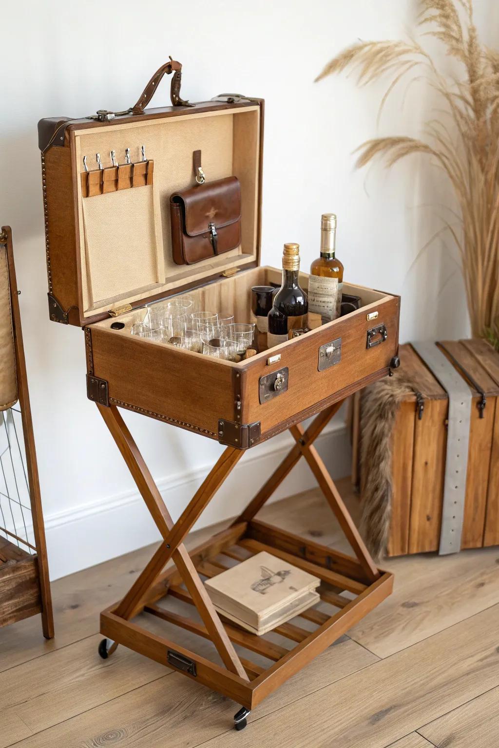 A vintage suitcase trunk bar on wheels—compact, handcrafted, and instantly conversation‑worthy.