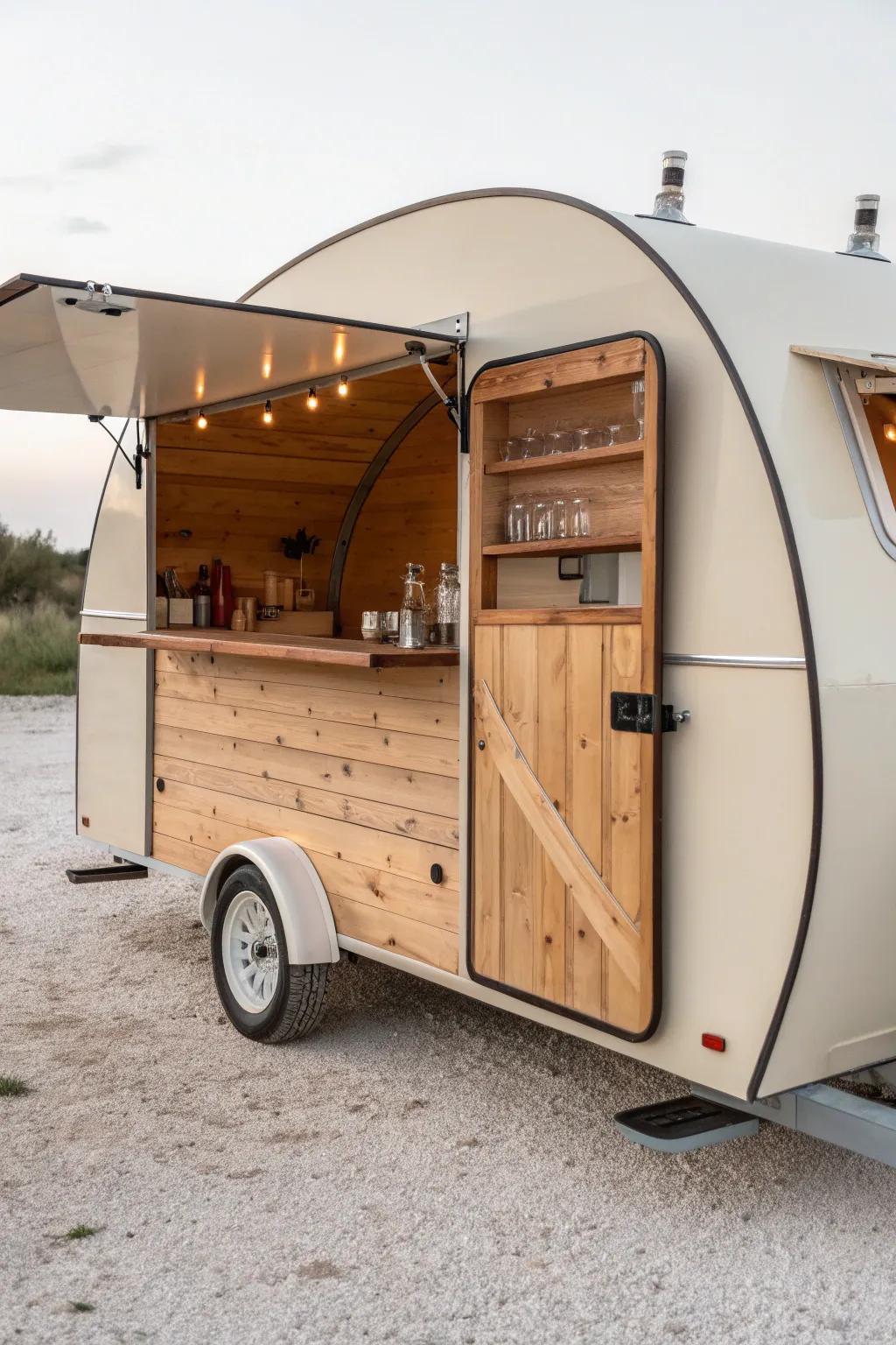 Vintage trailer mobile bar with a reclaimed-wood serving hatch—Scandi minimal, boho warm.
