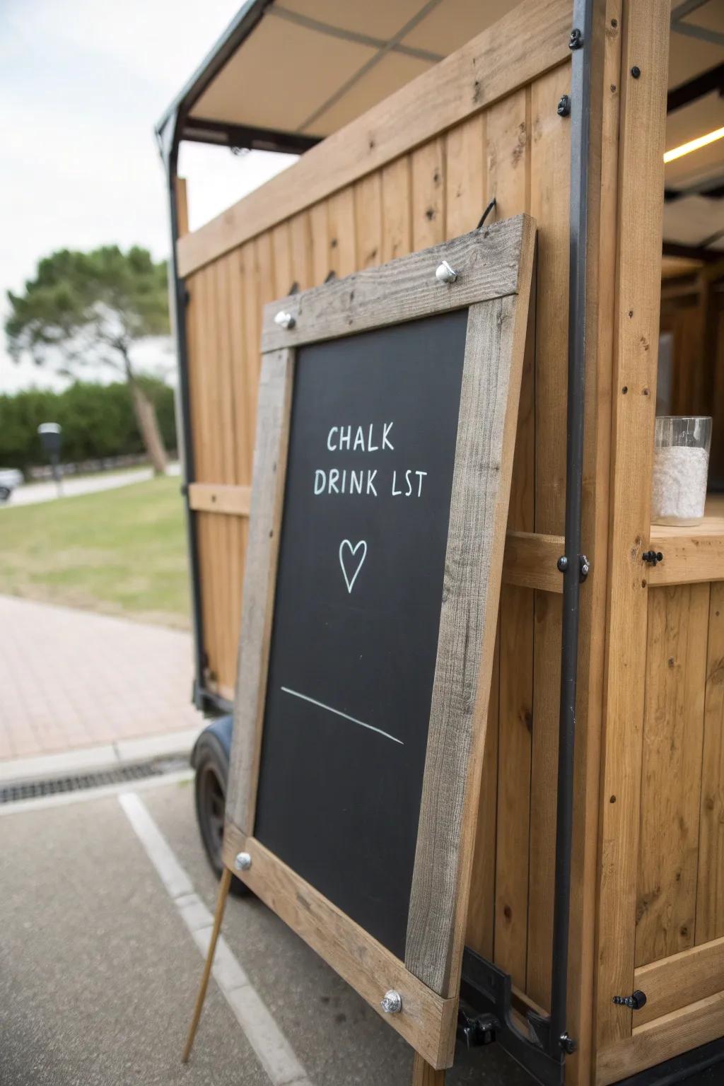 A reclaimed-wood framed chalkboard menu that slides out—simple, cute, and always changeable.