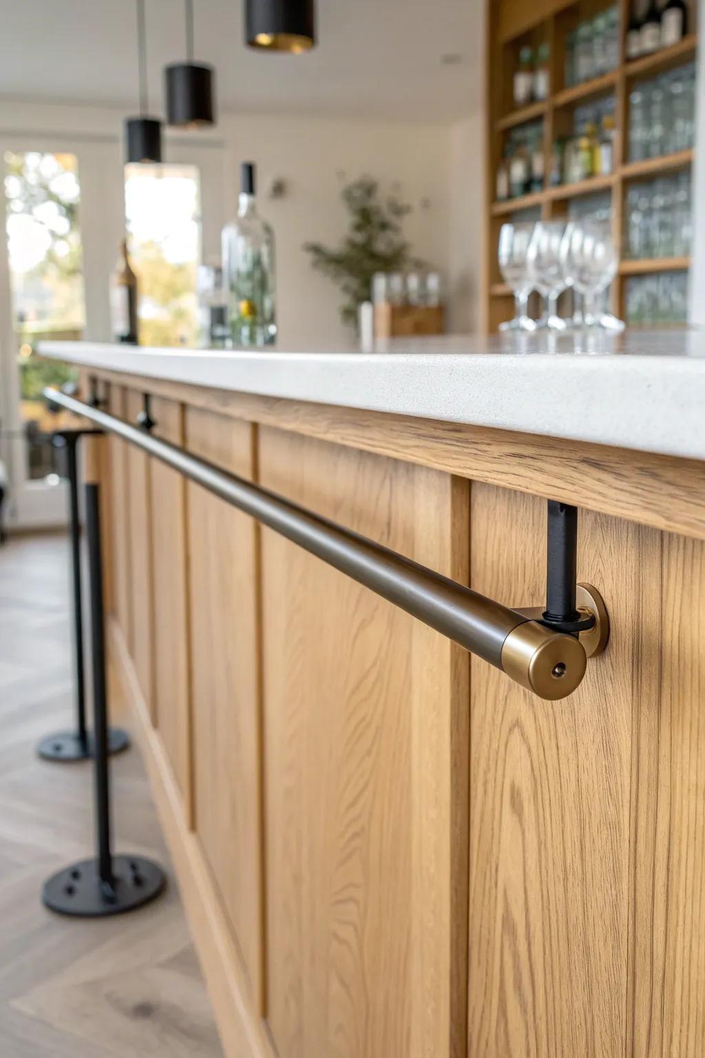 Slim metal foot rail on a light oak bar—small detail that instantly elevates the cocktail vibe.