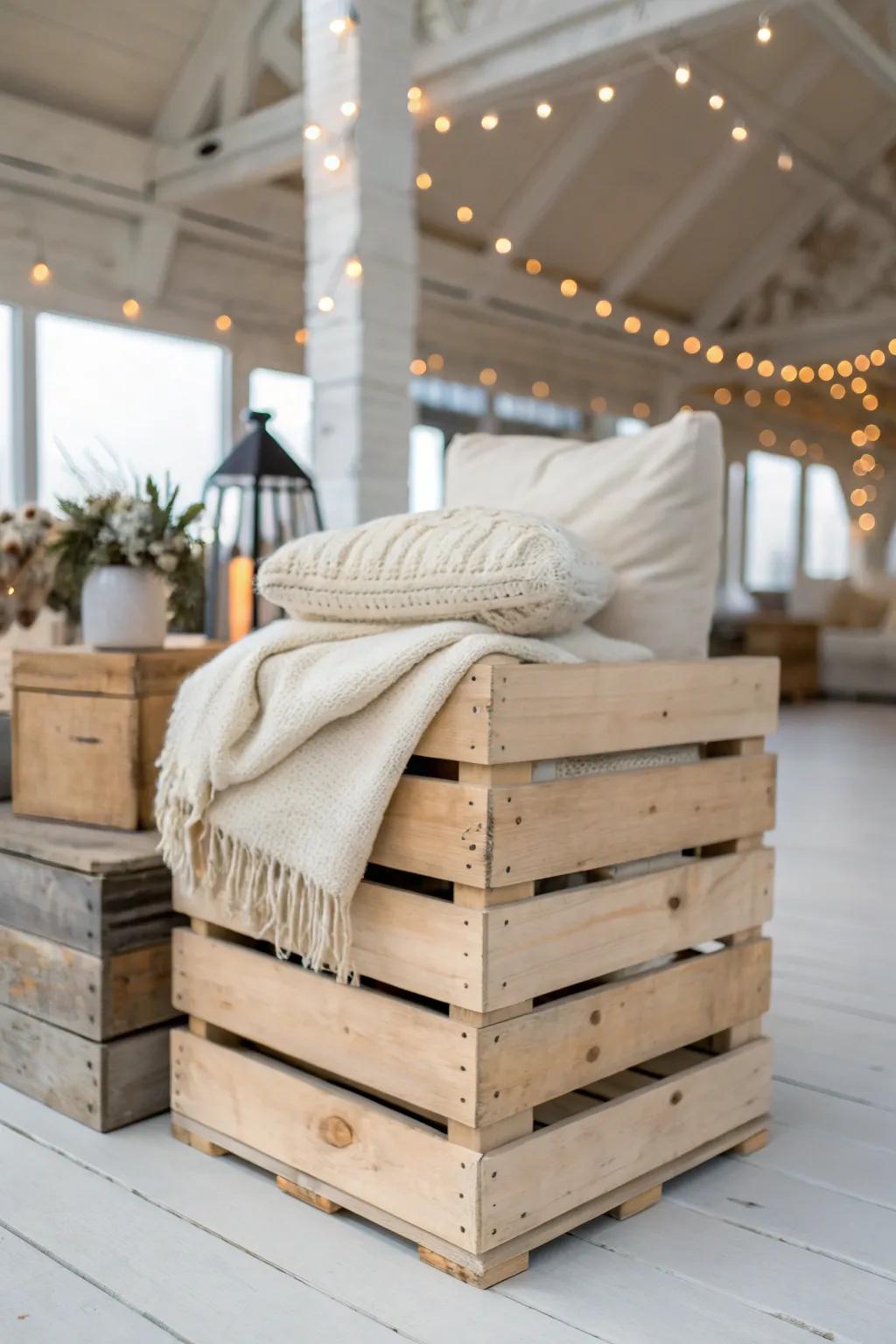 Rustic crate side table with soft neutral throws—an inviting modern barn lounge moment.