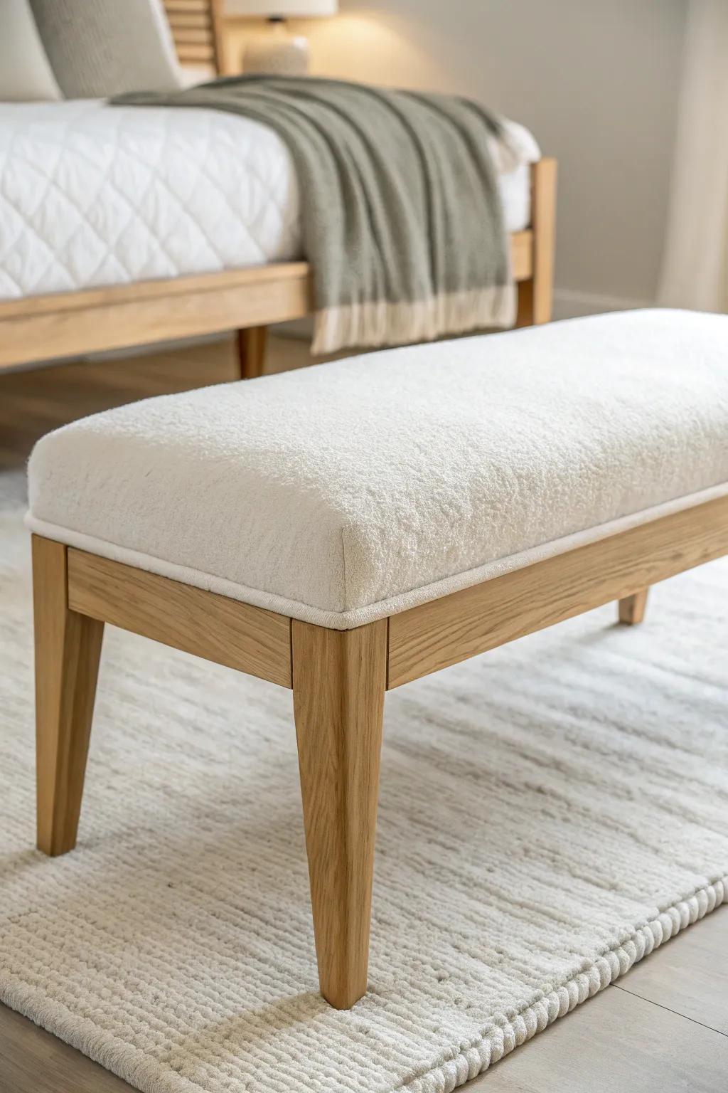 A cozy boucle bench on a clean oak base—modern, warm, and perfectly minimal at the bed’s foot.