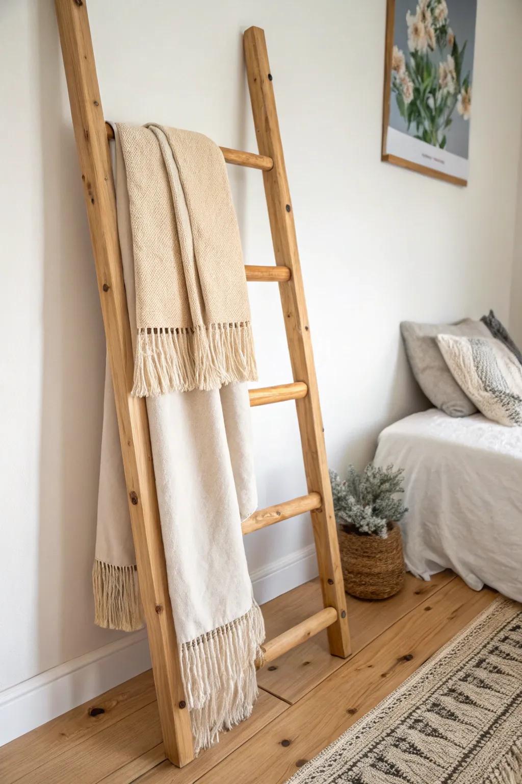 A simple scrap-wood ladder adds modern boho charm and vertical warmth for blanket storage.