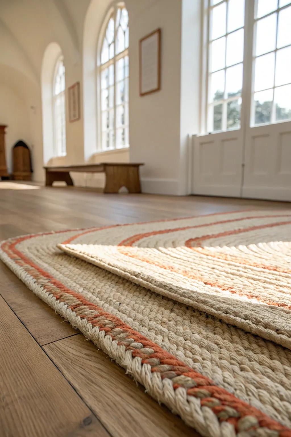 Layered woven rugs define a cozy hangout zone and soften echoes on sleek foyer floors.