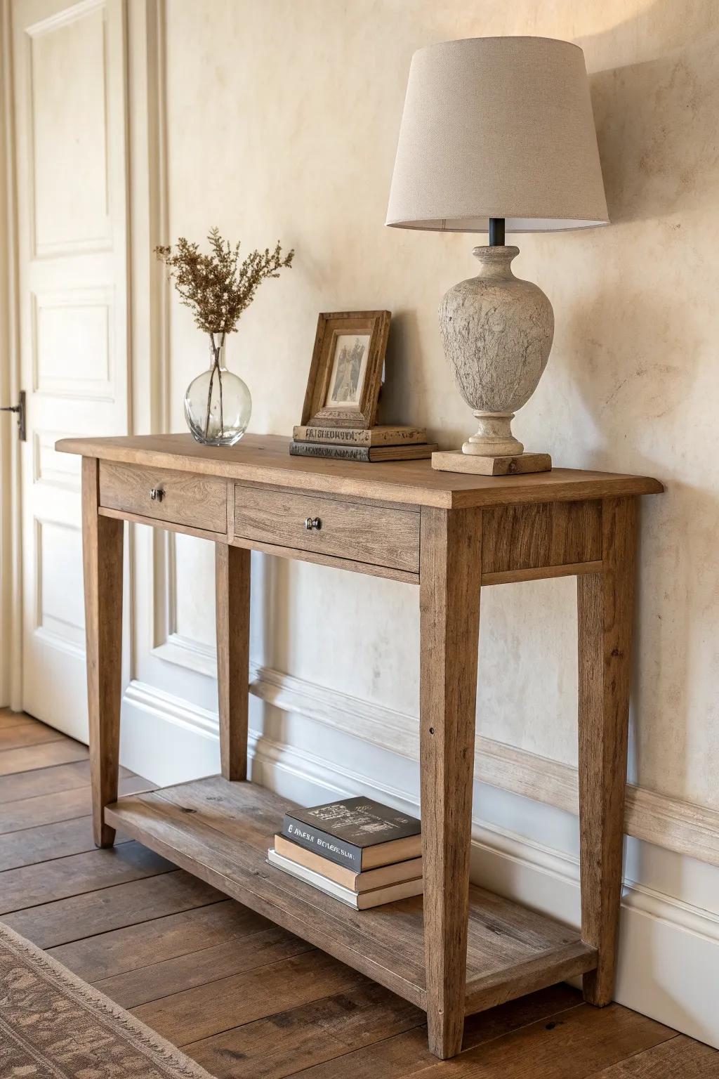 A slim wood console adds instant structure—style it with a lamp and stacked books.
