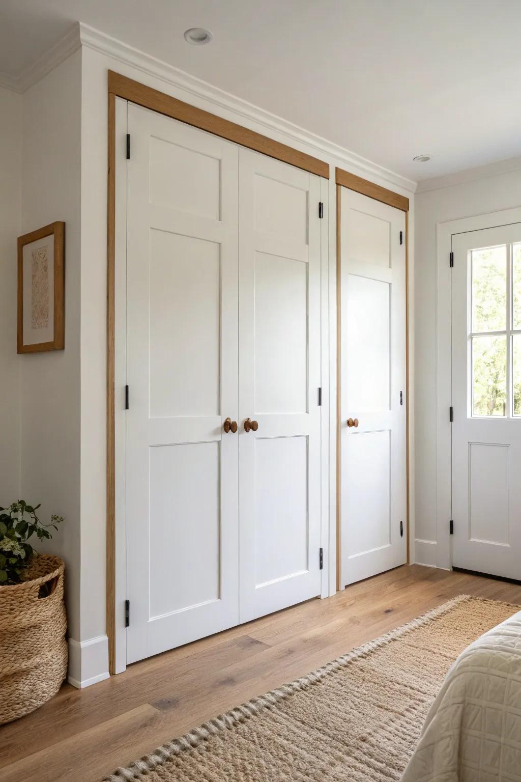 Shaker-style closet doors add instant custom cottage charm with clean lines and warm oak details.