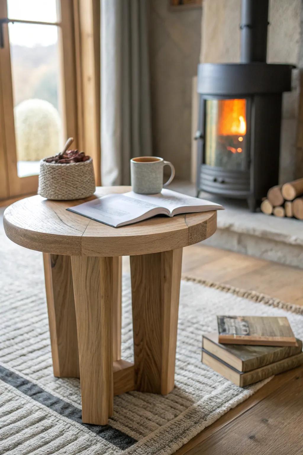 A handmade oak side table by the fire—simple Scandinavian style for a cozy modern country nook.