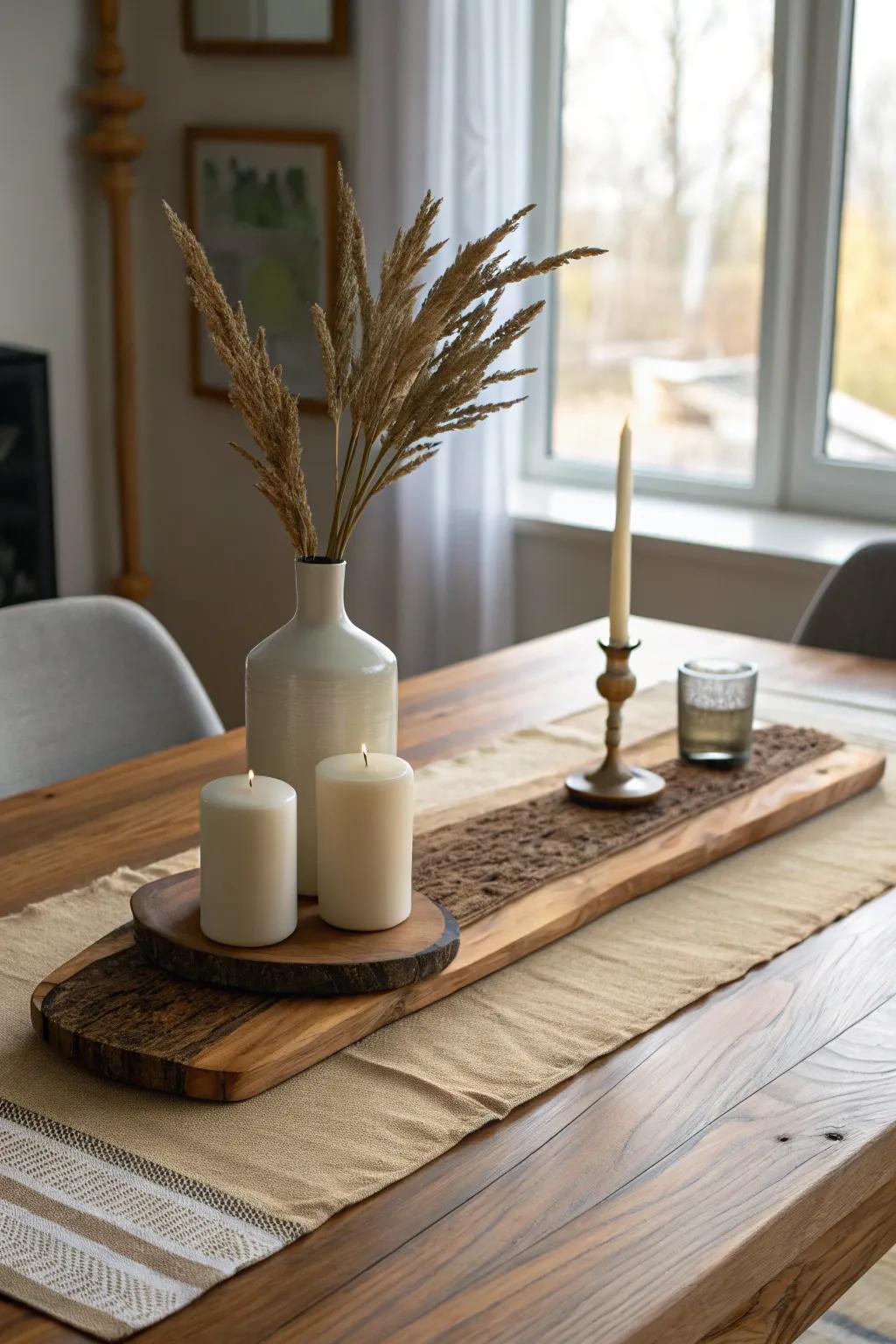 A live-edge board mini-runner—clean, modern styling base for candles and a simple vase.