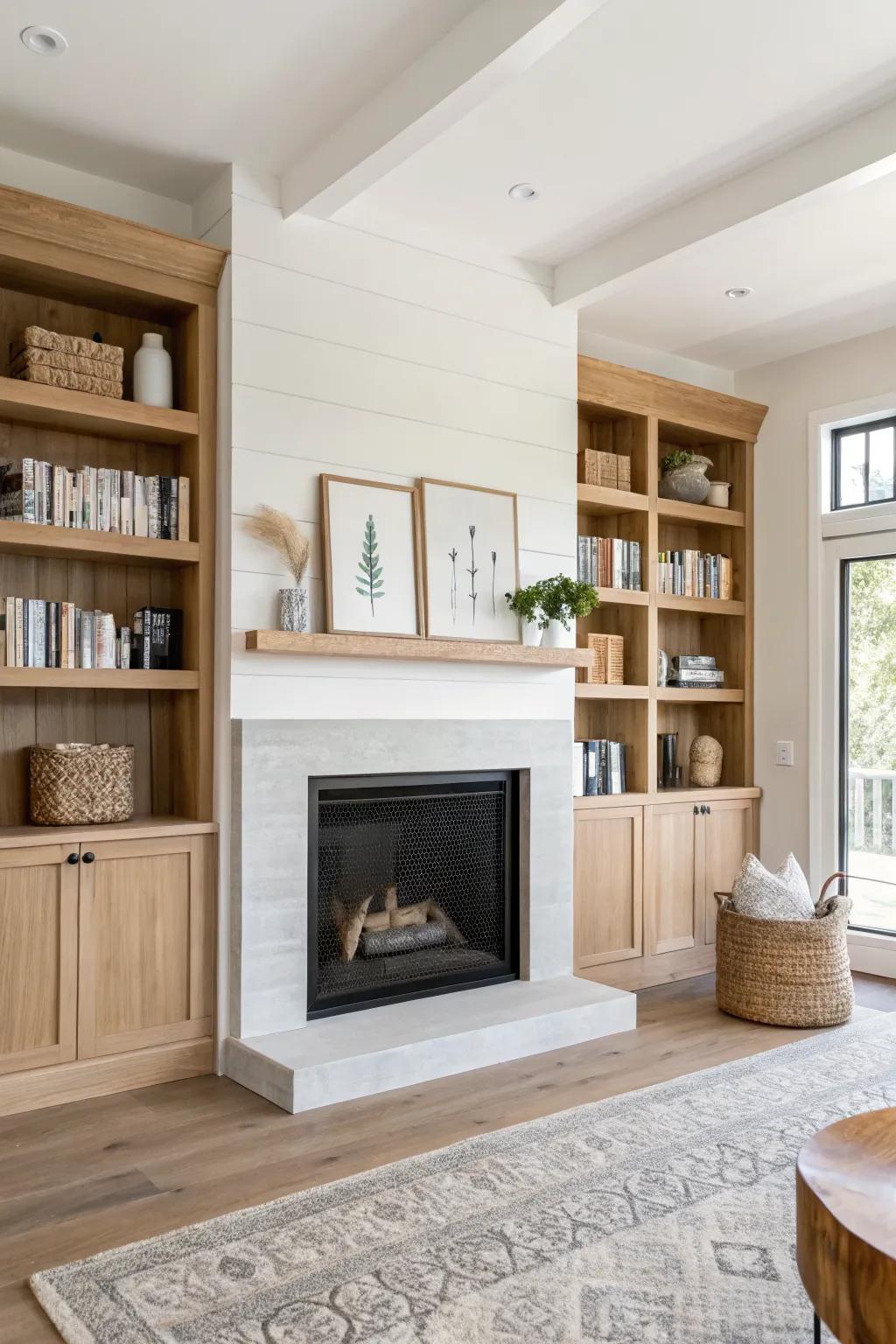 Clean built-ins framing a limewashed fireplace—modern farmhouse warmth with airy, minimal styling.