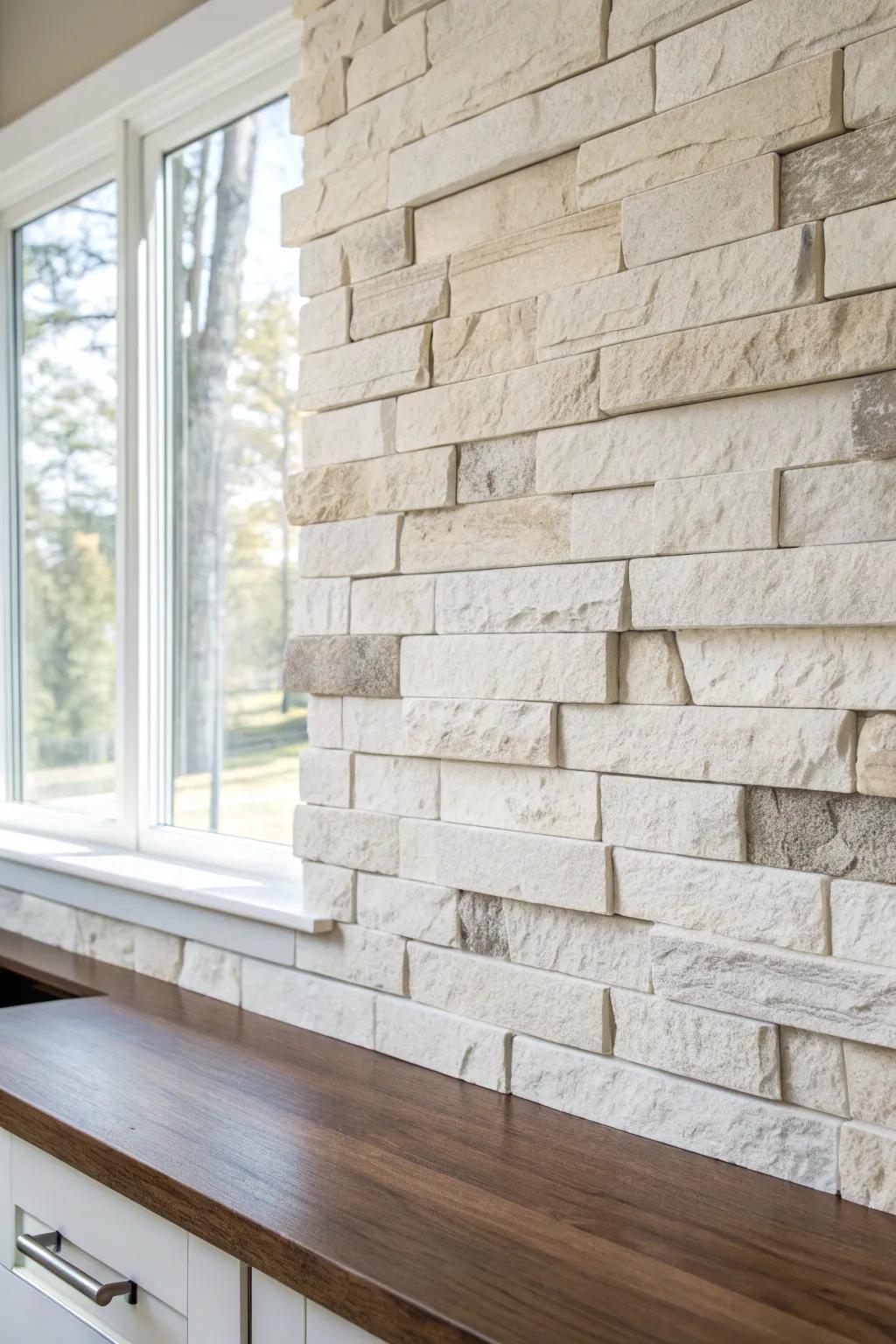 Light-washed stacked stone backsplash: rustic texture with a clean, modern farmhouse glow.