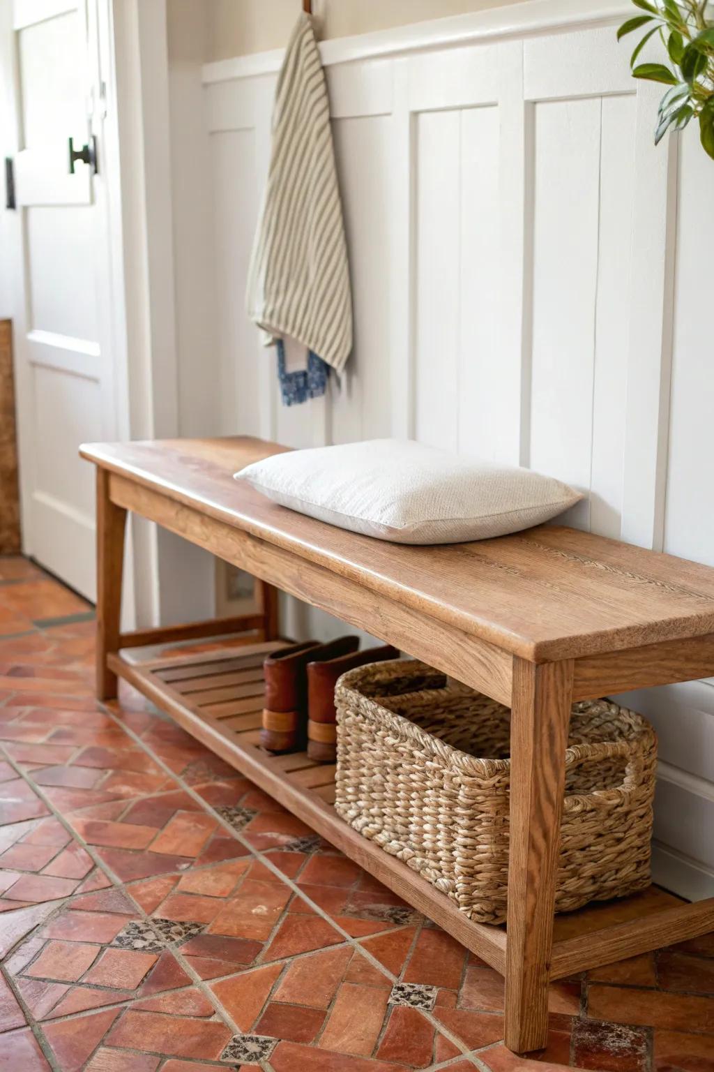 Brick-look tile meets warm oak—an easy-clean mudroom moment with modern farmhouse charm.