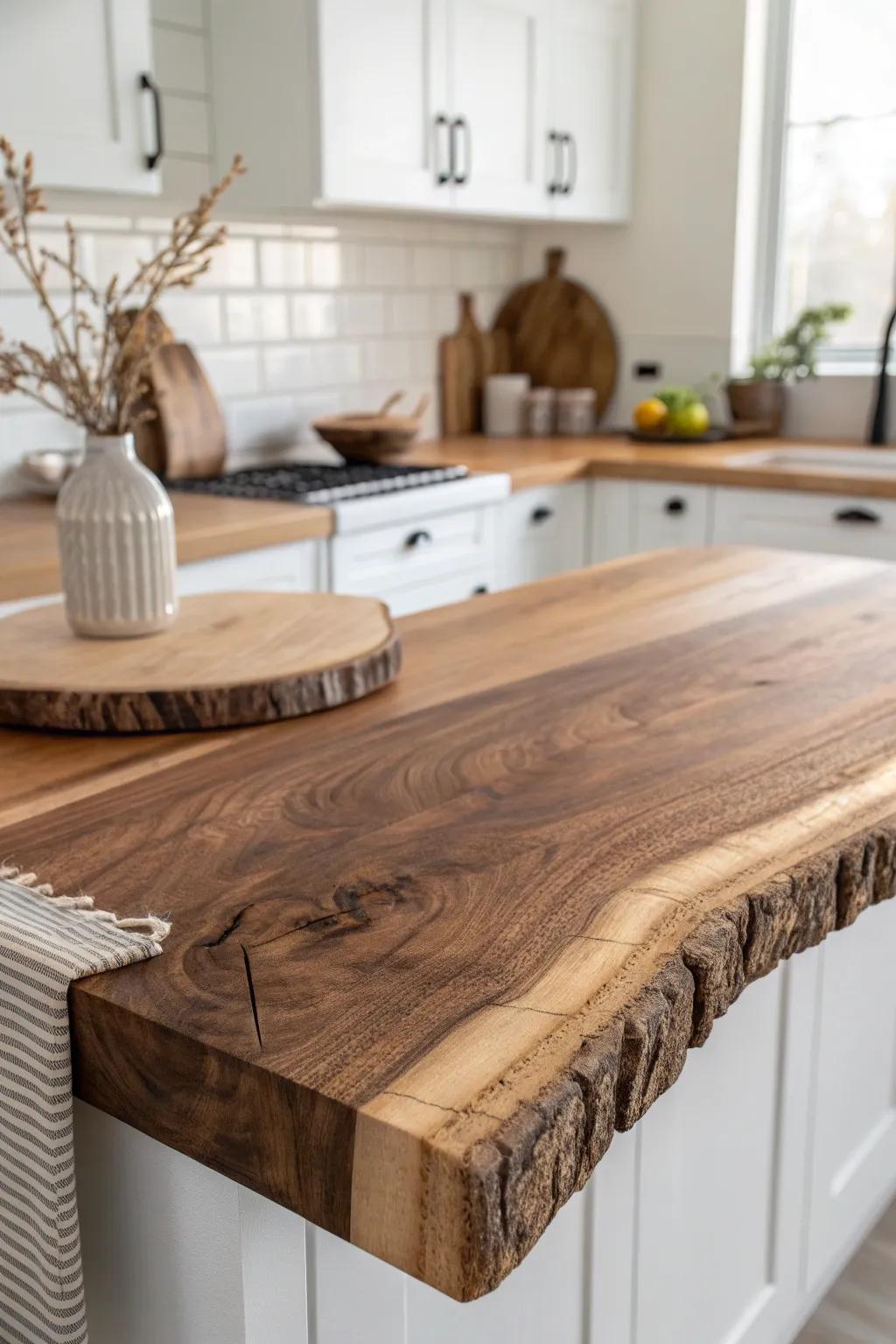 Live-edge wood counter: rustic farmhouse character with a clean, modern Scandinavian look.