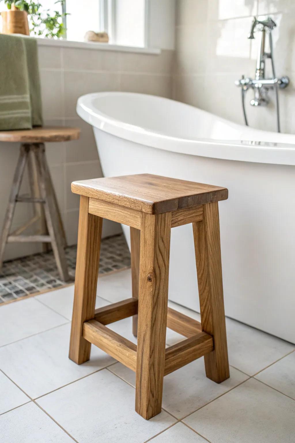 A handcrafted oak stool by the tub—modern farmhouse charm with simple, spa-like function.