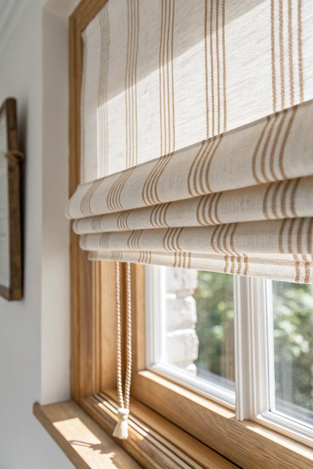 Quiet neutral tick-stripe Roman shade—modern farmhouse pattern that lets the wood grain shine.