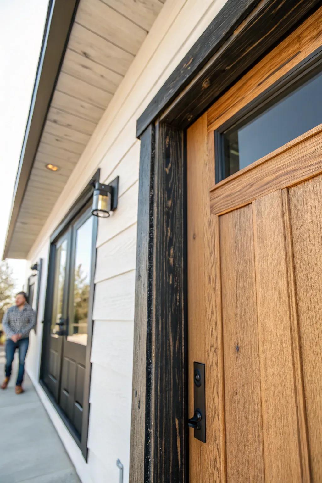 Charred-wood statement trim: matte black grain texture that makes a simple door feel modern.
