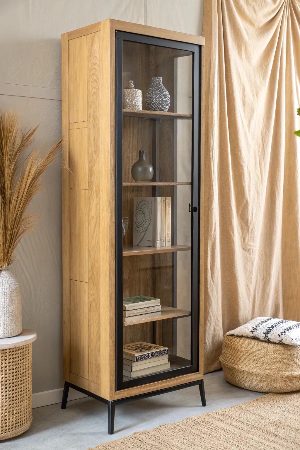 Glass-front oak cabinets spotlight special editions while keeping modern shelves calm and clean.
