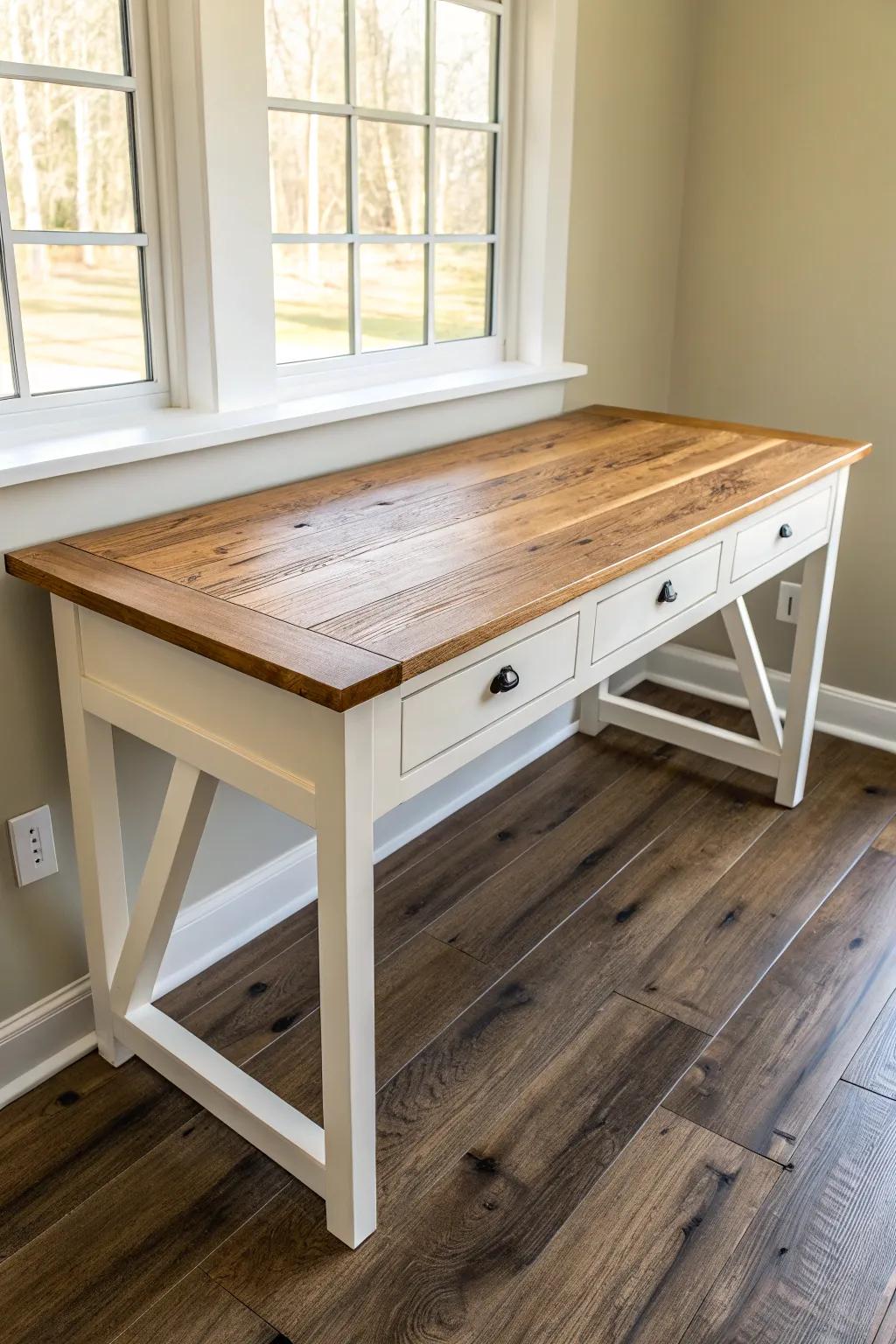 Modern farmhouse desk: reclaimed wood warmth + crisp lines for a calm, cozy workspace.