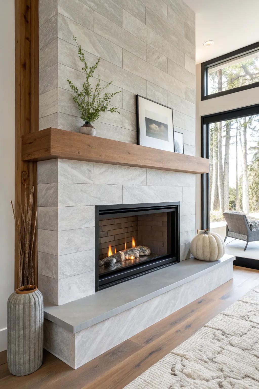 Stone + black metal + warm walnut: a modern luxury fireplace with effortless Scandinavian calm.