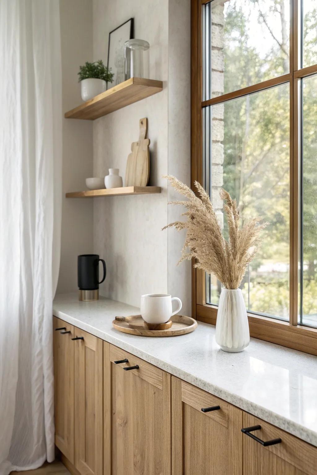 Open oak shelves across the window—extra storage that keeps the kitchen bright and airy.