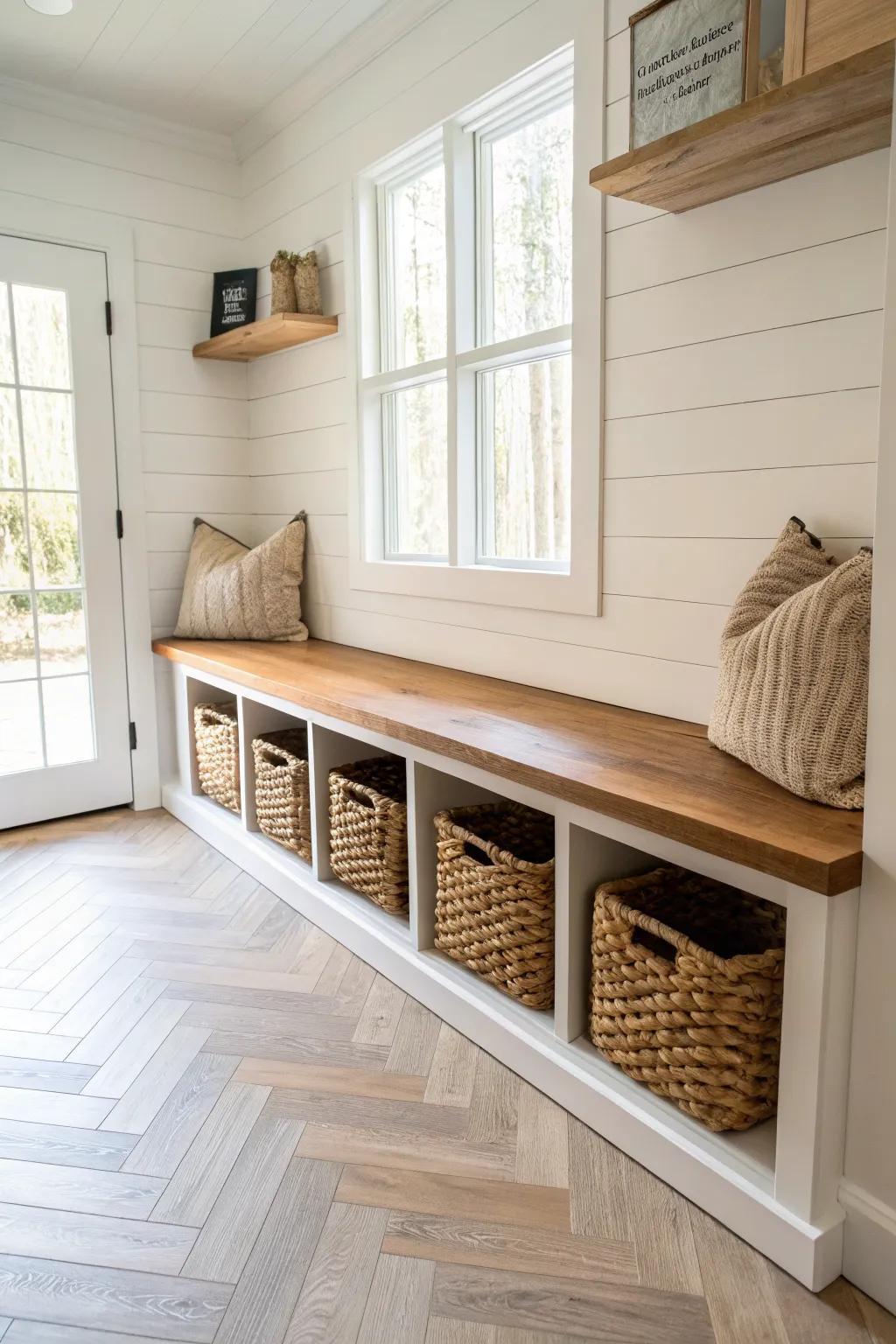 Modern rustic built-in cubbies with a thick solid wood seat—clean, warm, and practical.