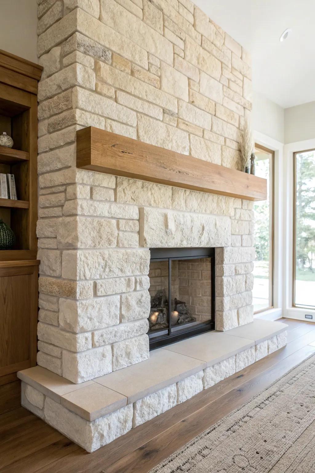 Light neutrals, bold texture: stone and oak create a calm modern-rustic fireplace moment.