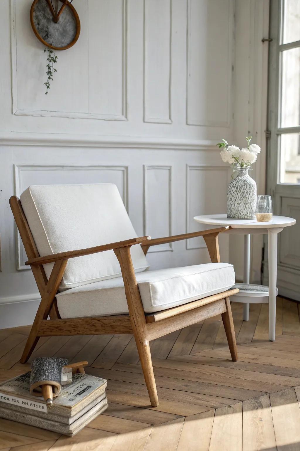 Pair a sleek Scandinavian chair with a chippy vintage side table for airy shabby‑chic balance.