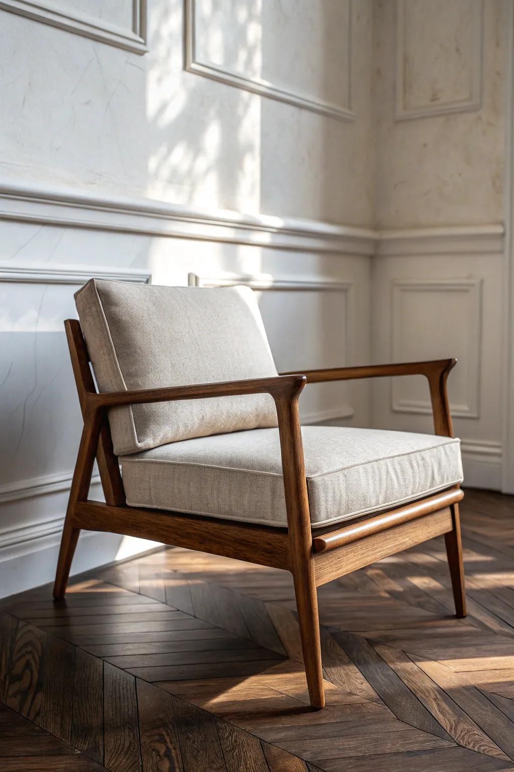 A tailored oak-frame chair in linen-like neutrals adds soft, modern-traditional charm.