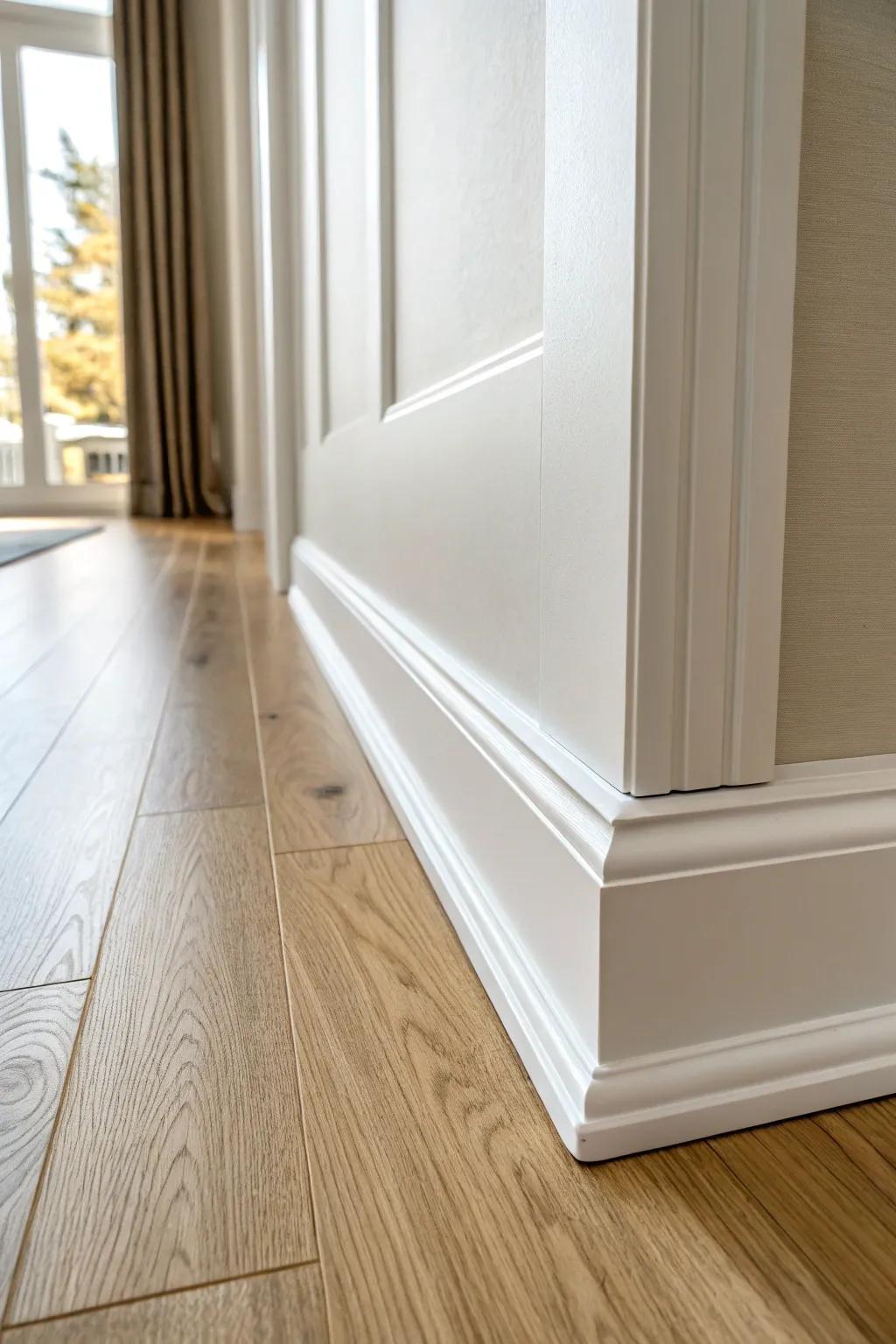 Crisp flush baseboards and casings: seamless, modern trim with a clean shadow-line reveal.