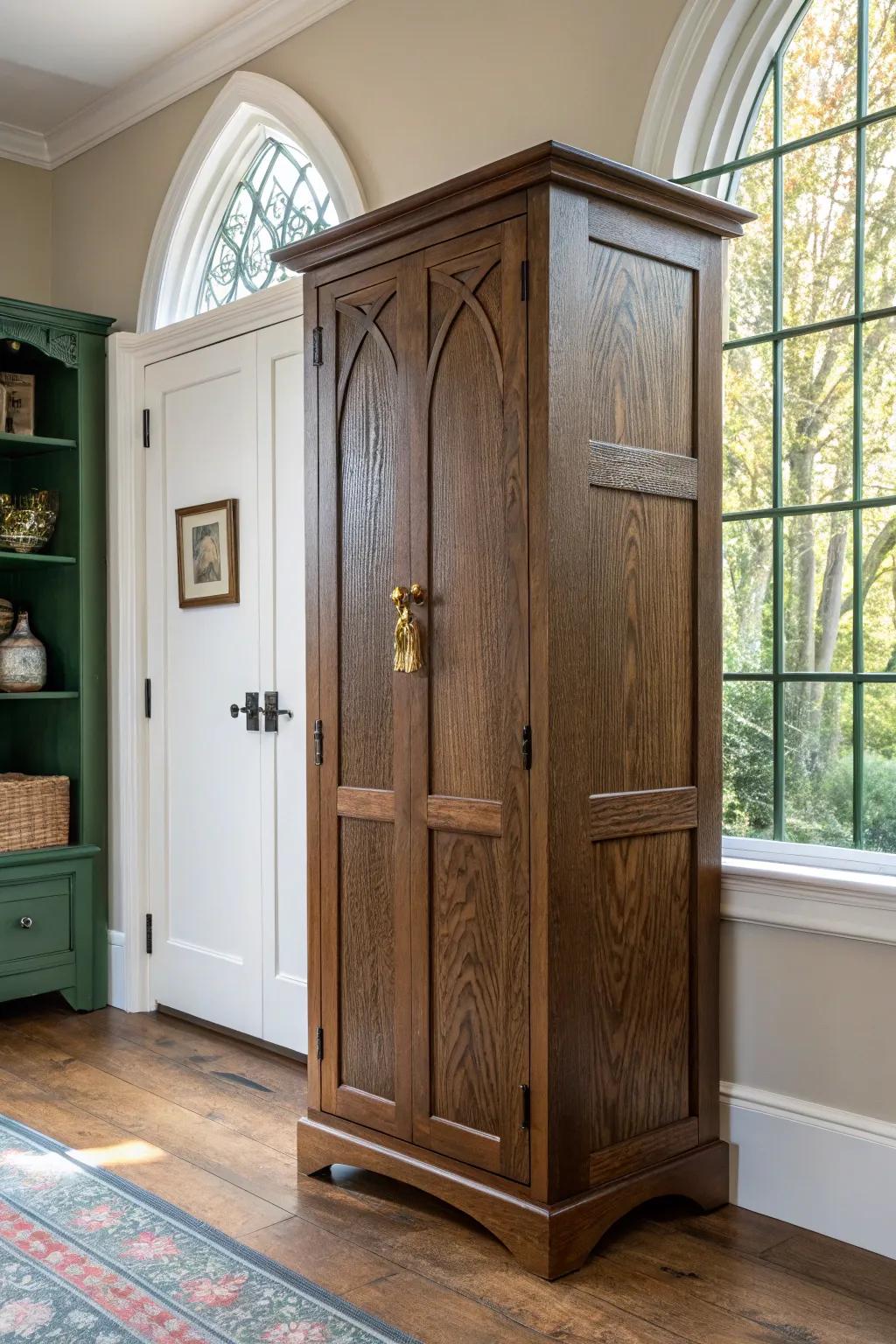 A moody jewel-box pantry: deep green walls meet a handcrafted arched oak cabinet.