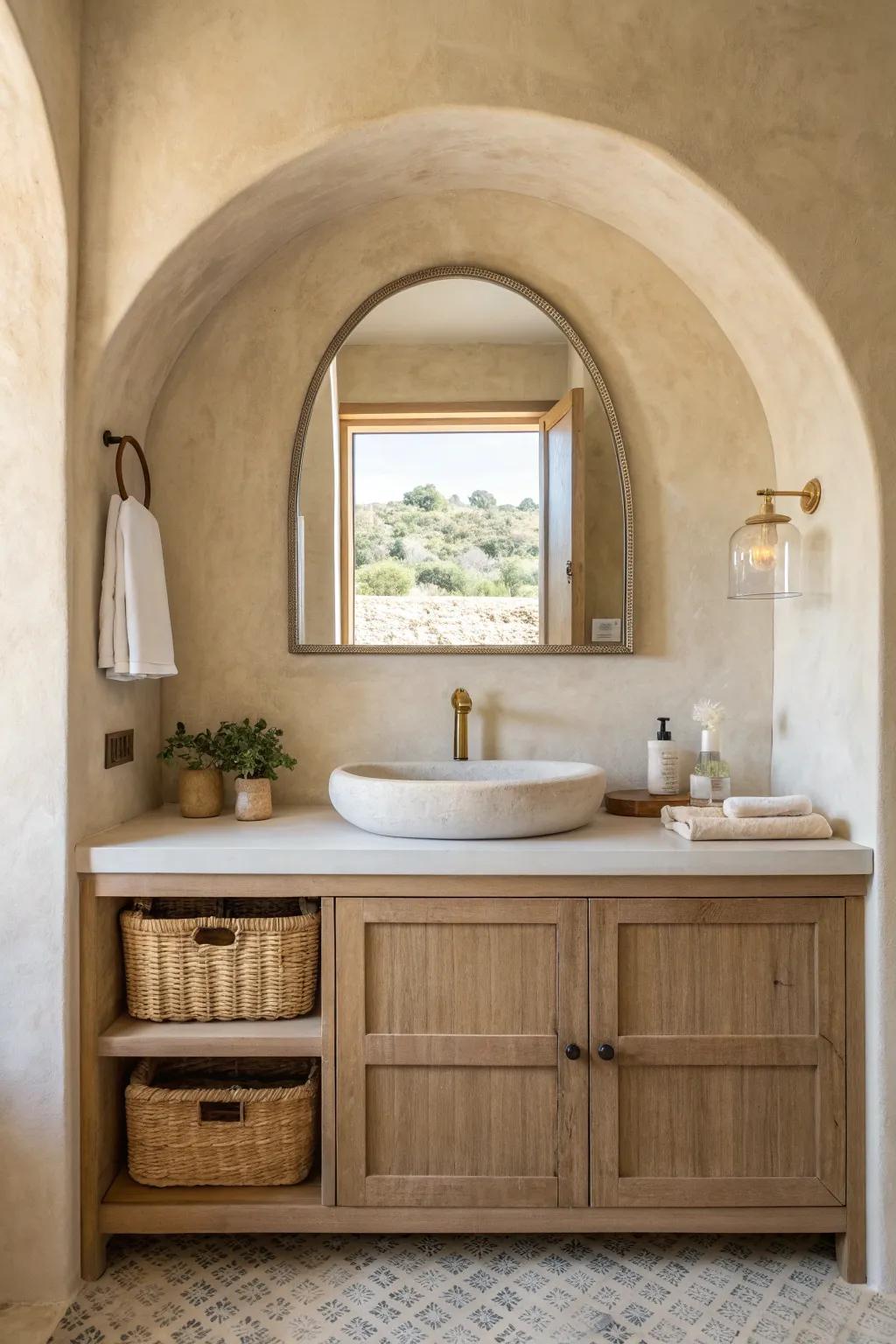A shallow arched alcove frames a sleek oak vanity for modern Tuscan built-in charm.