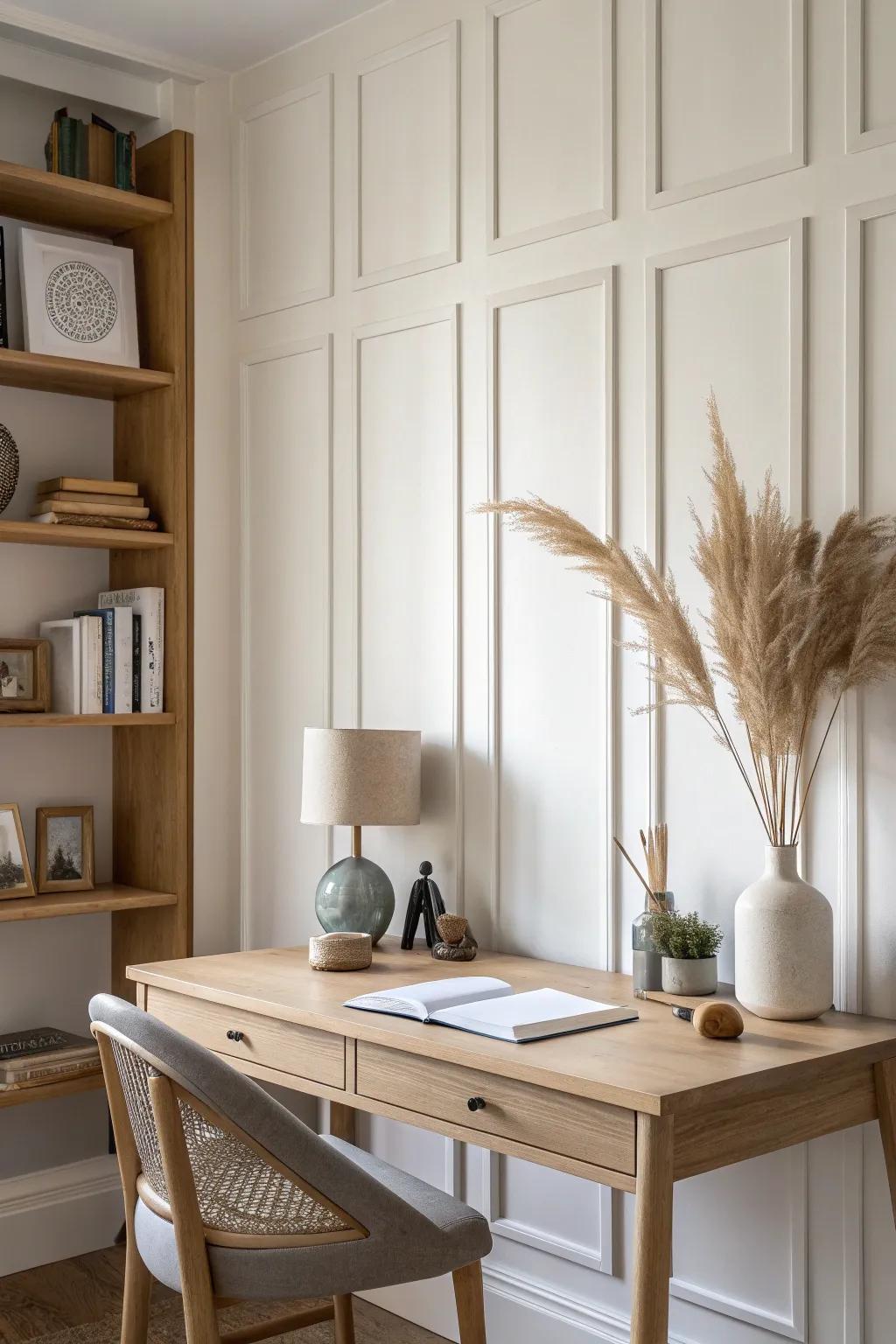 A modern molding accent wall behind the desk—clean rectangles, warm oak, instant polish.