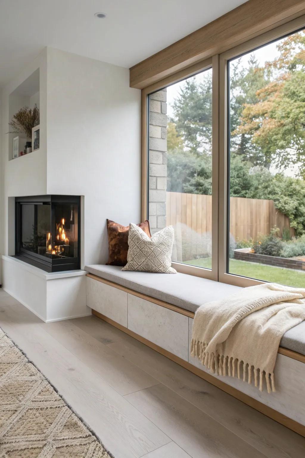 A linear oak window seat extension beside the fireplace—minimal, cozy, and crafted.