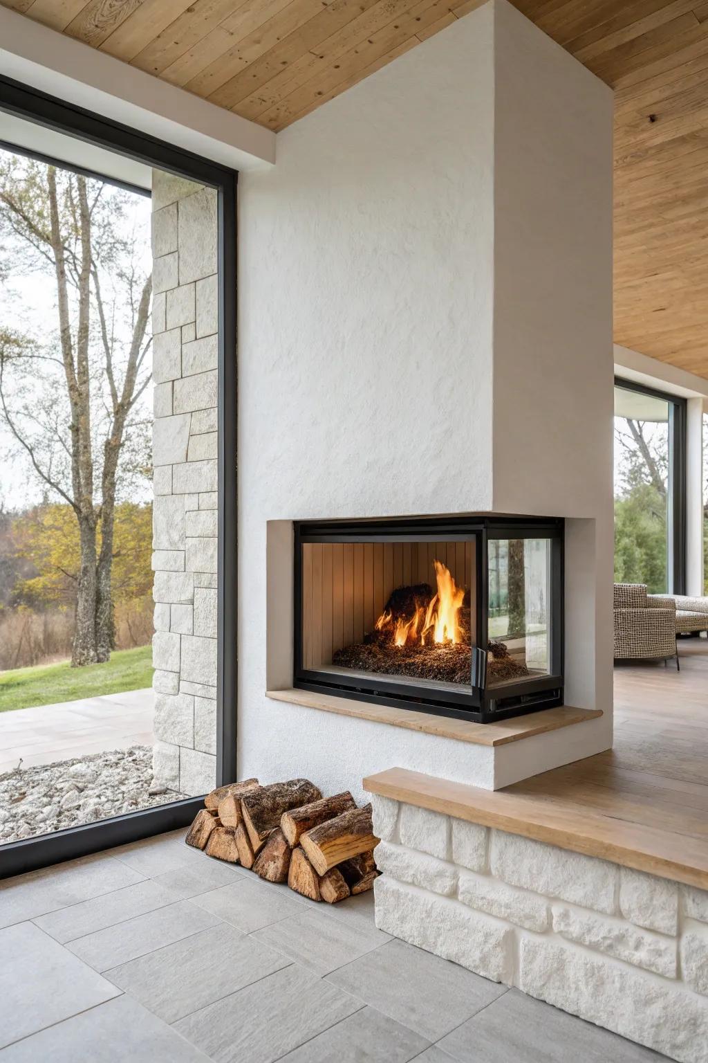 A seamless indoor-outdoor pass-through fireplace that feels like a window to the patio.