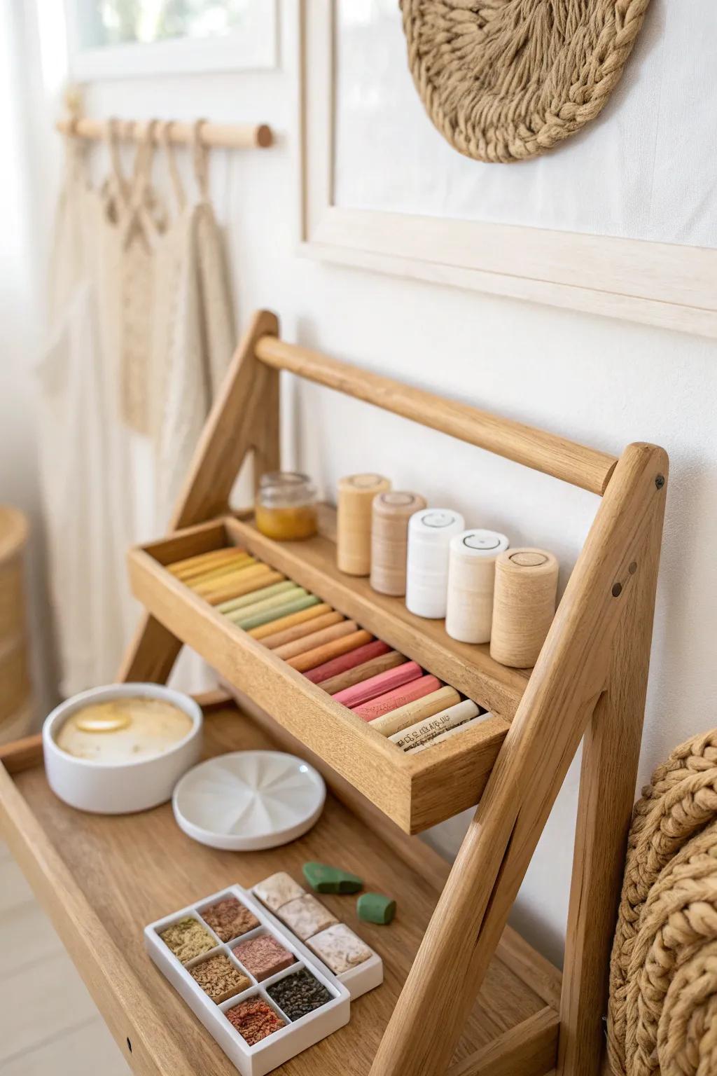 A half-shelf art tray keeps crayons and paste tidy—beautiful, calm creativity for little hands.