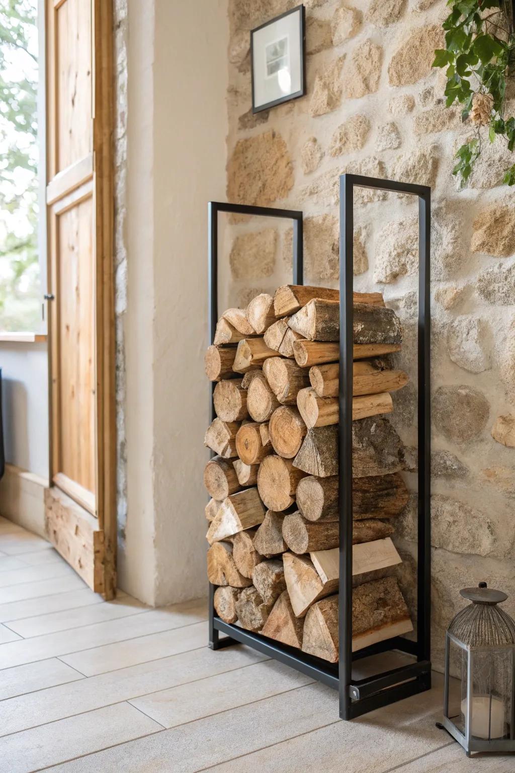 Style your cabin with a neat firewood stack—warm wood tones in a sleek rack feel luxe.