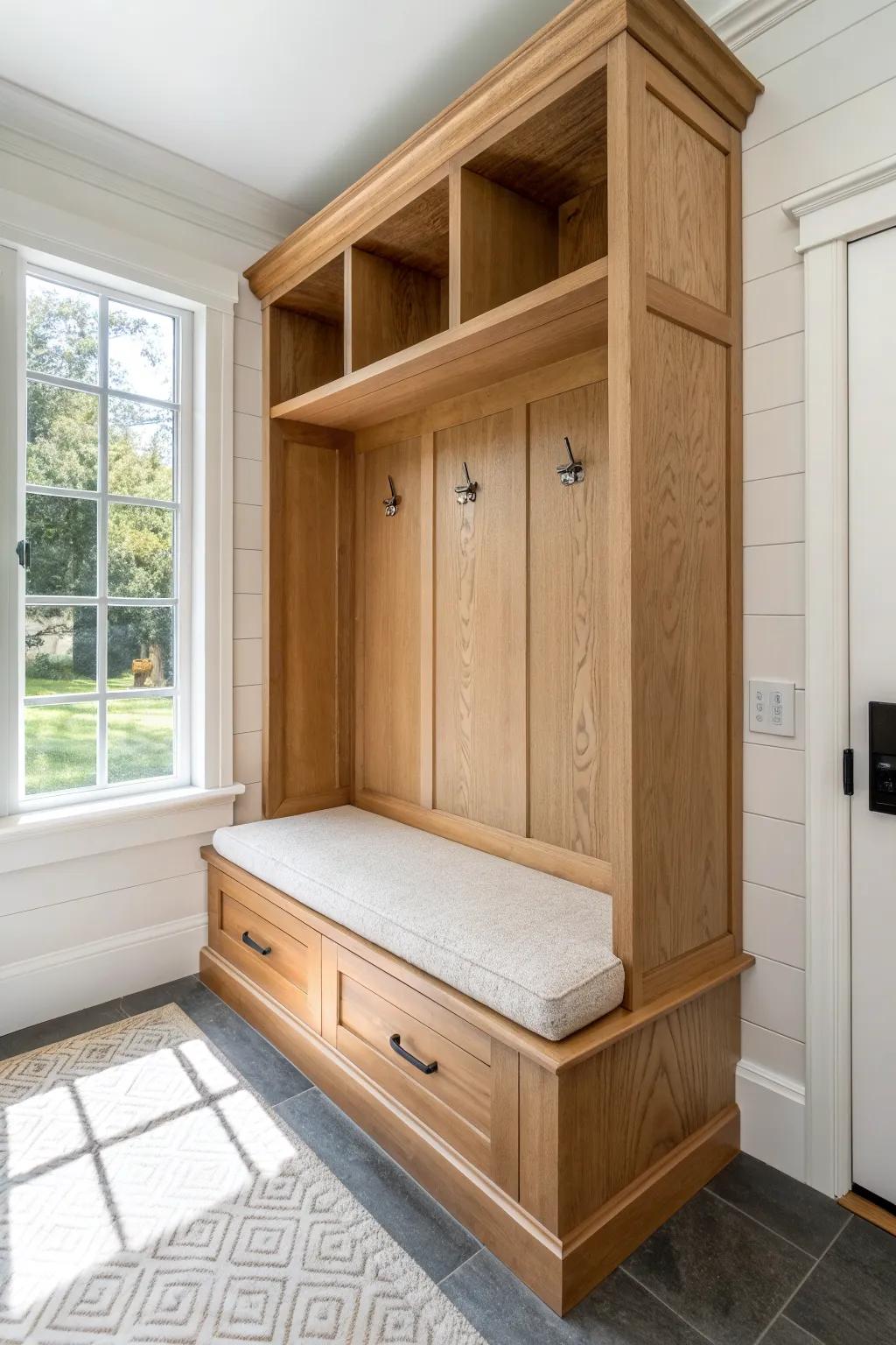 Closet-to-mudroom magic: a slim oak bench that turns a tiny entry into a calm drop zone.