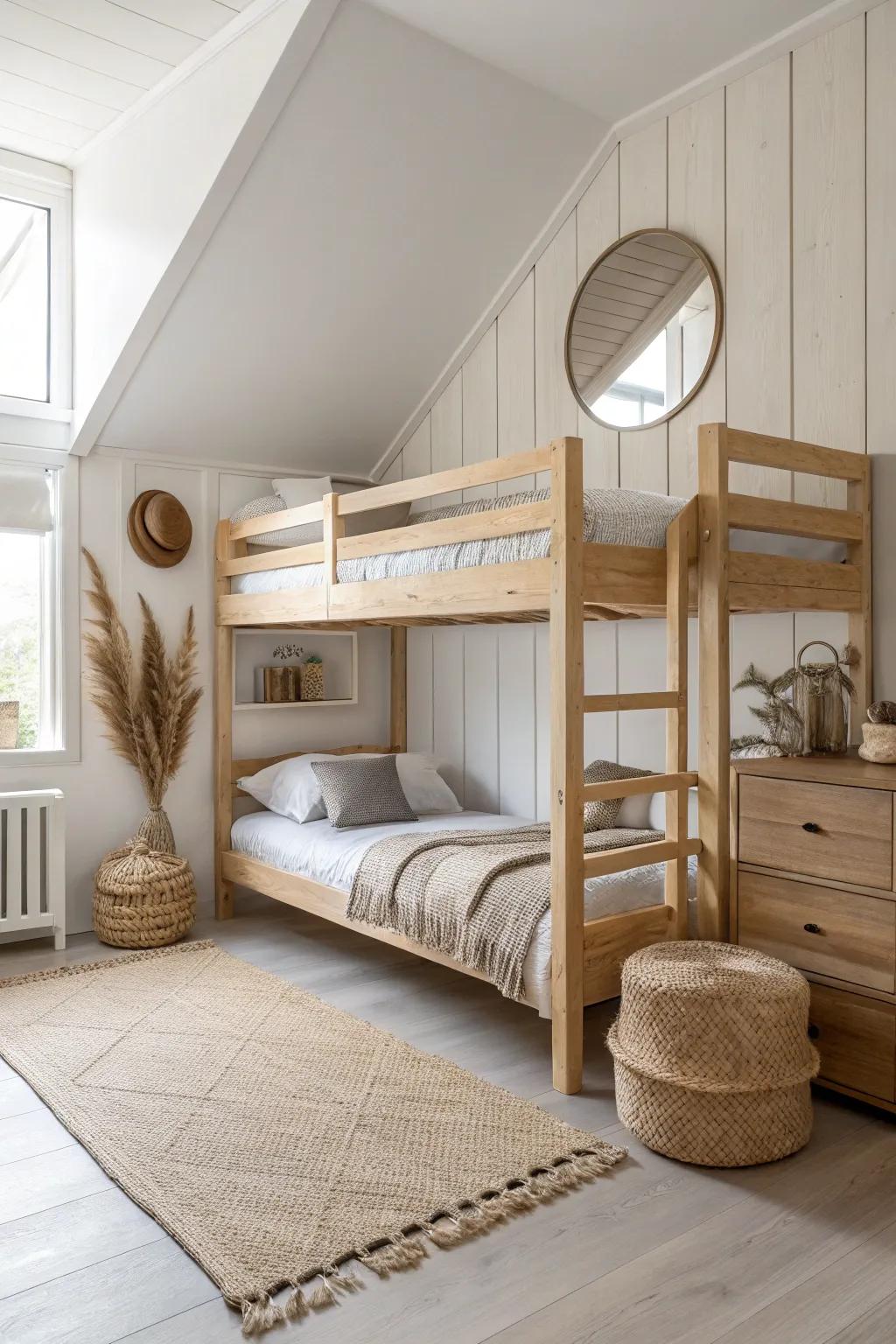 Mirror-image bunks in warm wood keep a shared room airy, balanced, and beautifully calm.