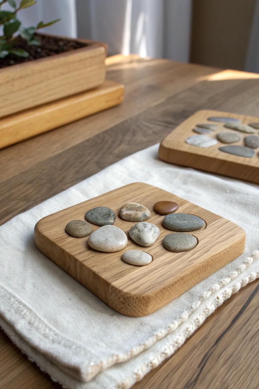 Scrap-wood coasters with pebble inlay—simple, handmade, and beautifully nature-inspired.