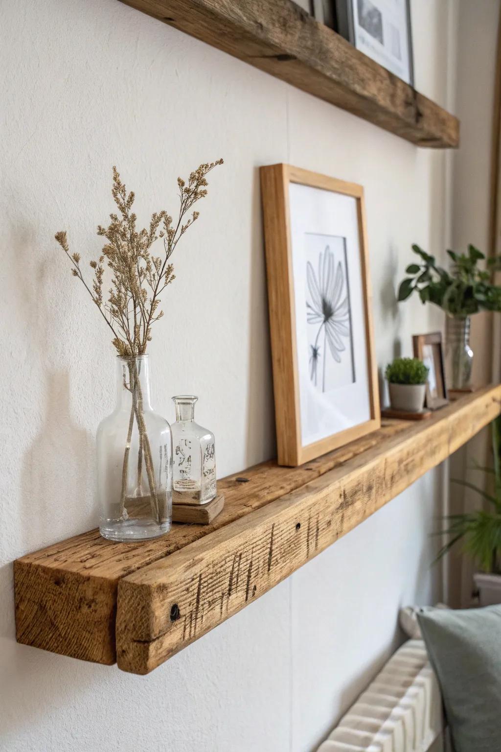 Reclaimed wood picture ledge for effortless seasonal nature styling—swap prints without new holes.