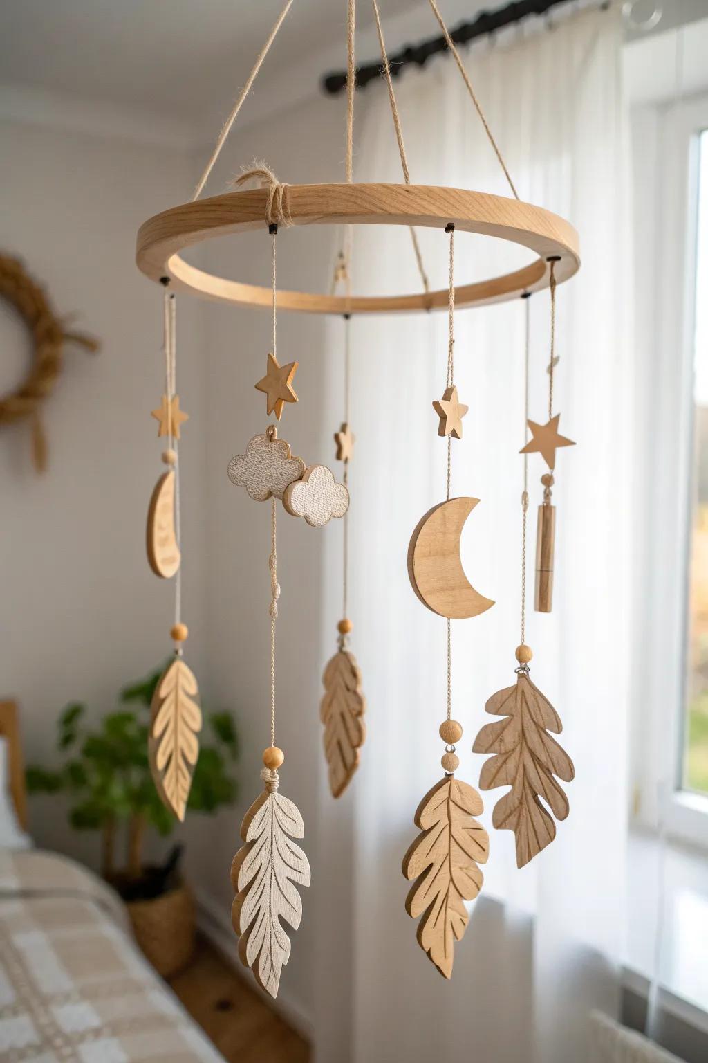 A calming natural wood mobile with simple shapes—soft movement, zero visual clutter.