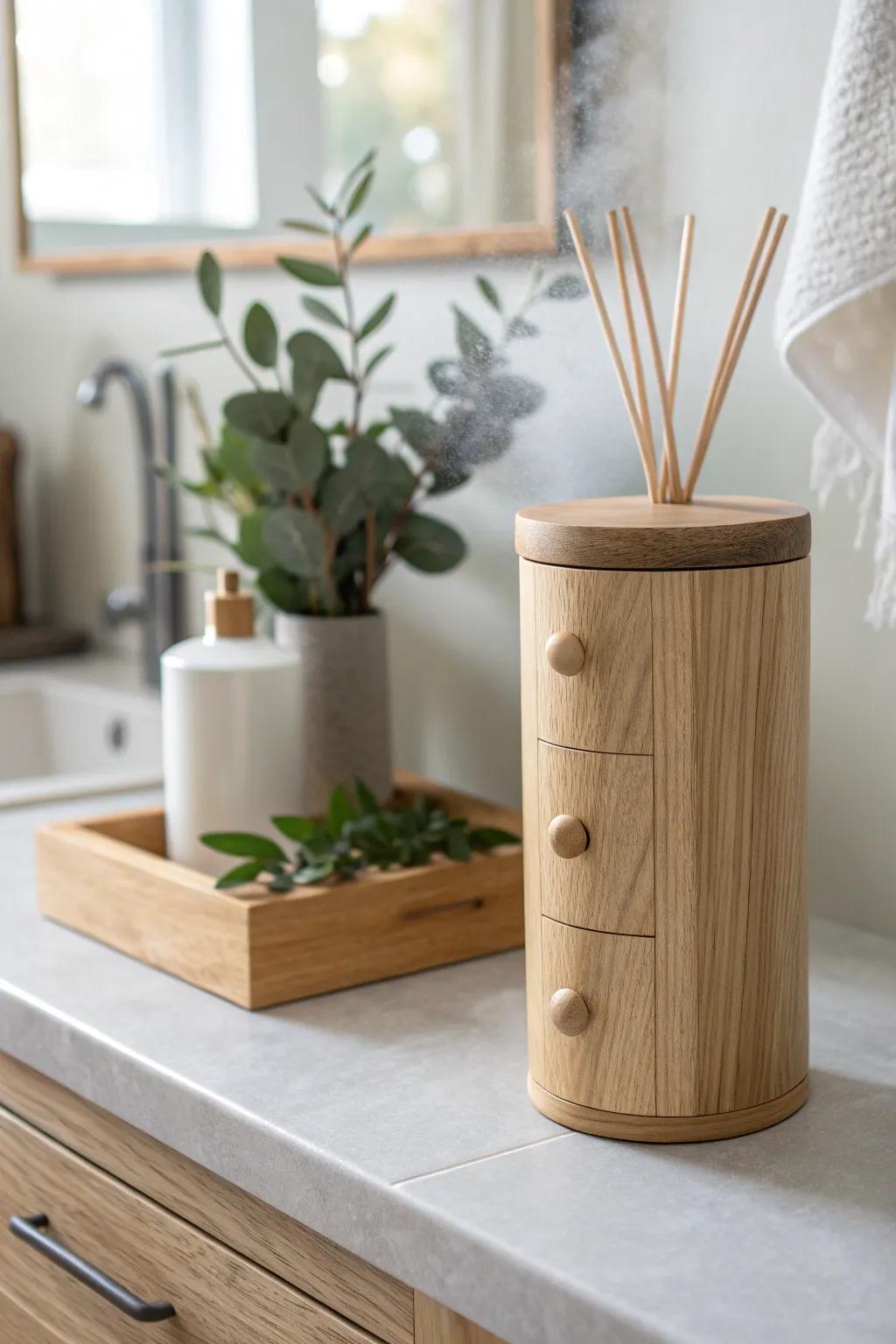 Eucalyptus shower bundle + cedar sachet drawer—your fresh-forest scent station in warm oak.